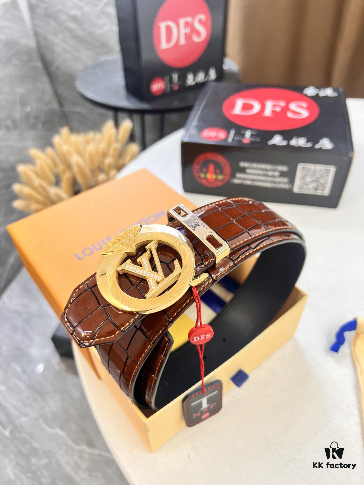 693202cc3a89a121ed550c46 LV Men's Belt, Genuine Crocodile Grain Leather, 4.0cm Width, Imported Cowhide with Steel Buckle, NXP Anti-Counterfeit Chip Packaging