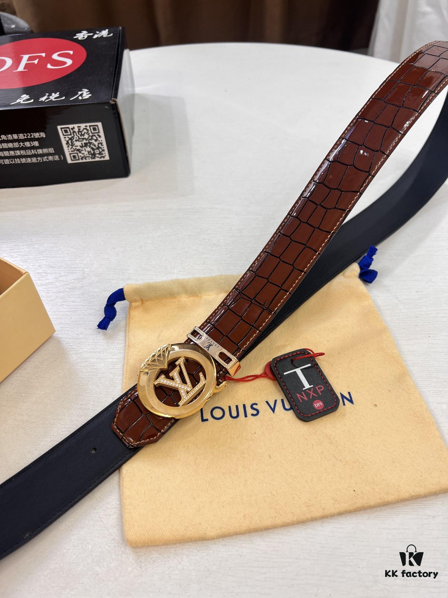 693202cc3a89a121ed550c47 LV Men's Belt, Genuine Crocodile Grain Leather, 4.0cm Width, Imported Cowhide with Steel Buckle, NXP Anti-Counterfeit Chip Packaging