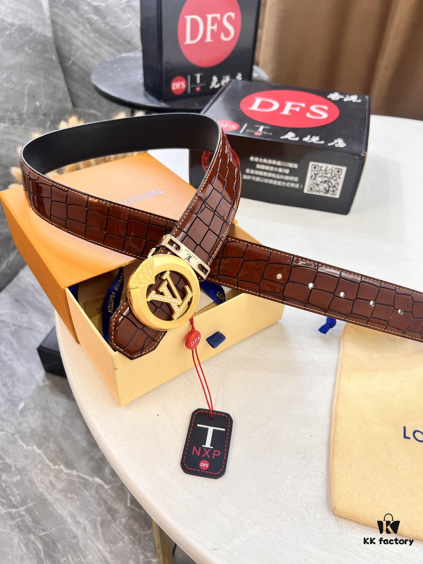 693202cd3a89a121ed550c48 LV Men's Belt, Genuine Crocodile Grain Leather, 4.0cm Width, Imported Cowhide with Steel Buckle, NXP Anti-Counterfeit Chip Packaging
