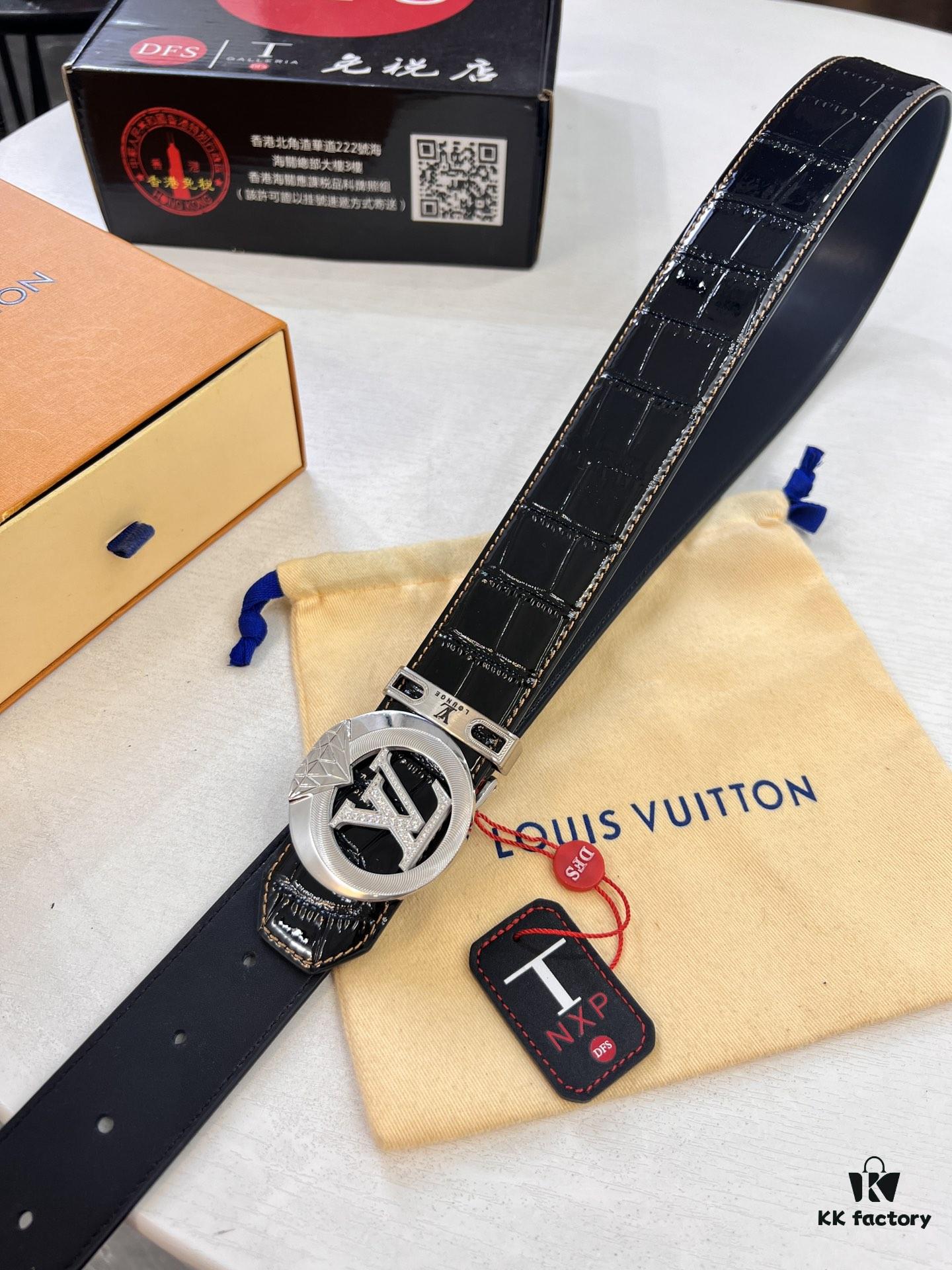 693202cd3a89a121ed550c4d LV Men's Belt, Latest Design with Crocodile Belly Grain Cowhide, 4.0cm Wide, Imported Leather, Heavy-Duty Metal Buckle with NXP Anti-Counterfeit Chip