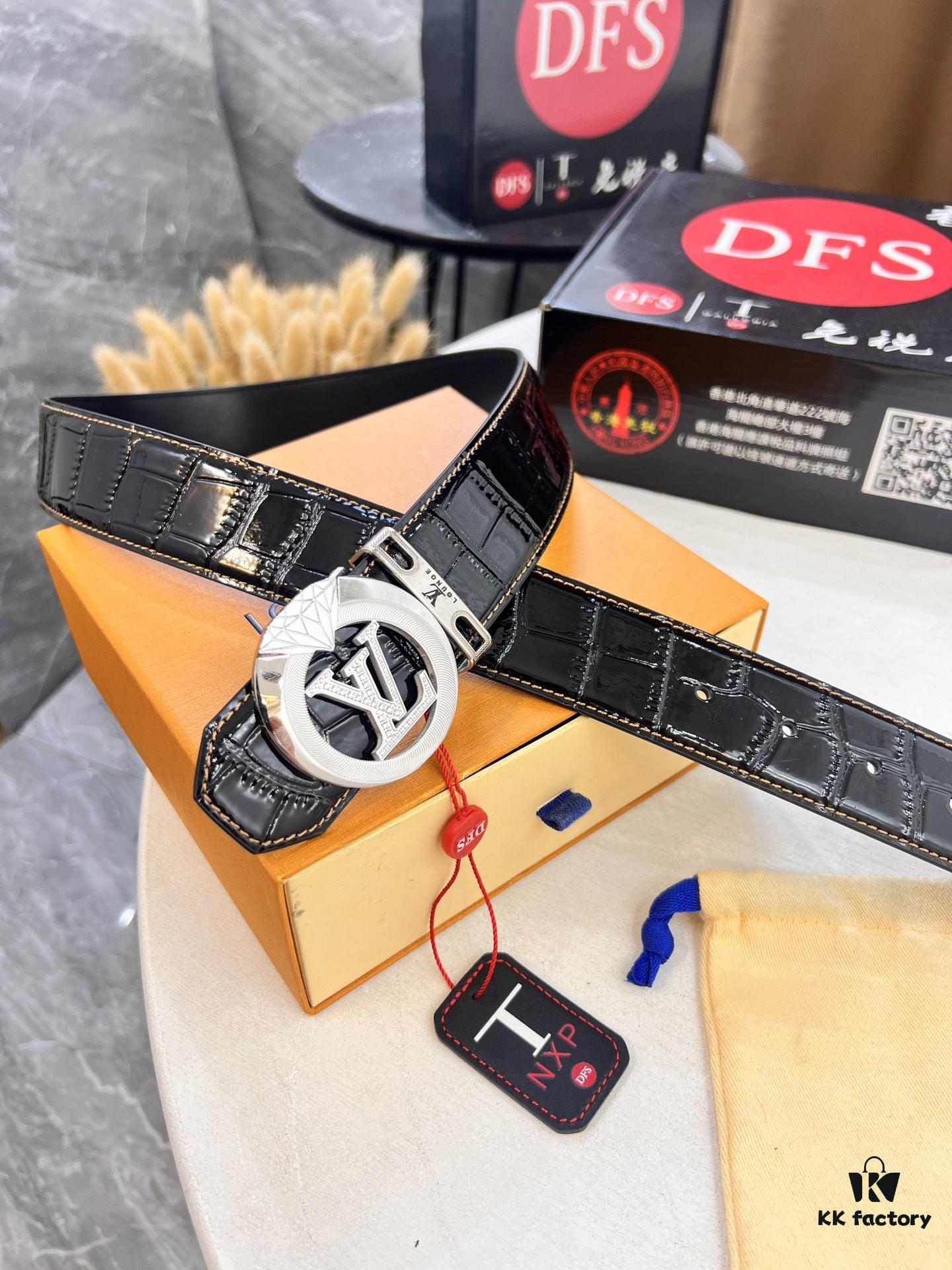 693202cd3a89a121ed550c4f LV Men's Belt, Latest Design with Crocodile Belly Grain Cowhide, 4.0cm Wide, Imported Leather, Heavy-Duty Metal Buckle with NXP Anti-Counterfeit Chip