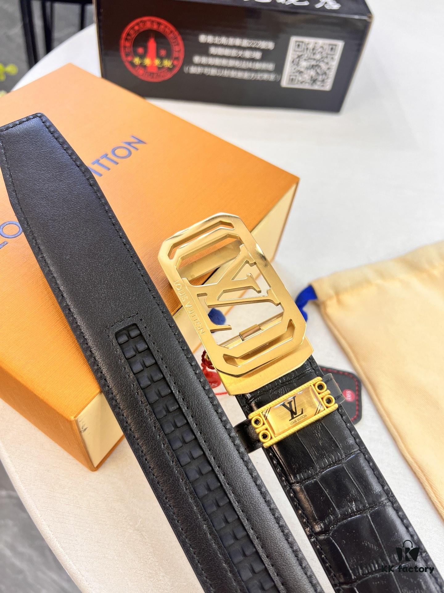 Louis Vuitton Automatic Buckle Belt, Premium Calfskin with Crocodile Texture, 3.5cm Width, Top-Quality Craftsmanship