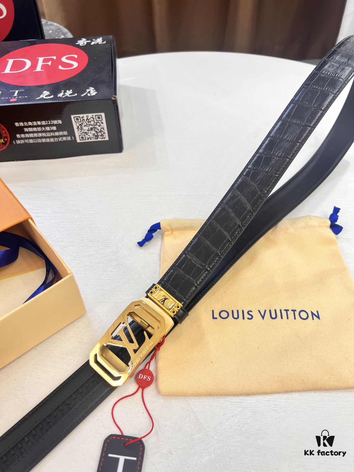Louis Vuitton Automatic Buckle Belt, Premium Calfskin with Crocodile Texture, 3.5cm Width, Top-Quality Craftsmanship