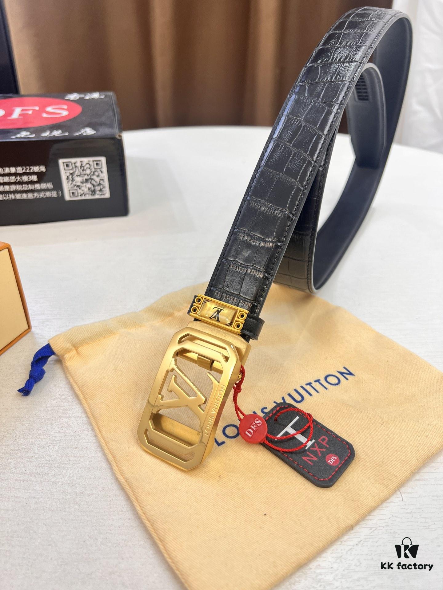 Louis Vuitton Automatic Buckle Belt, Premium Calfskin with Crocodile Texture, 3.5cm Width, Top-Quality Craftsmanship