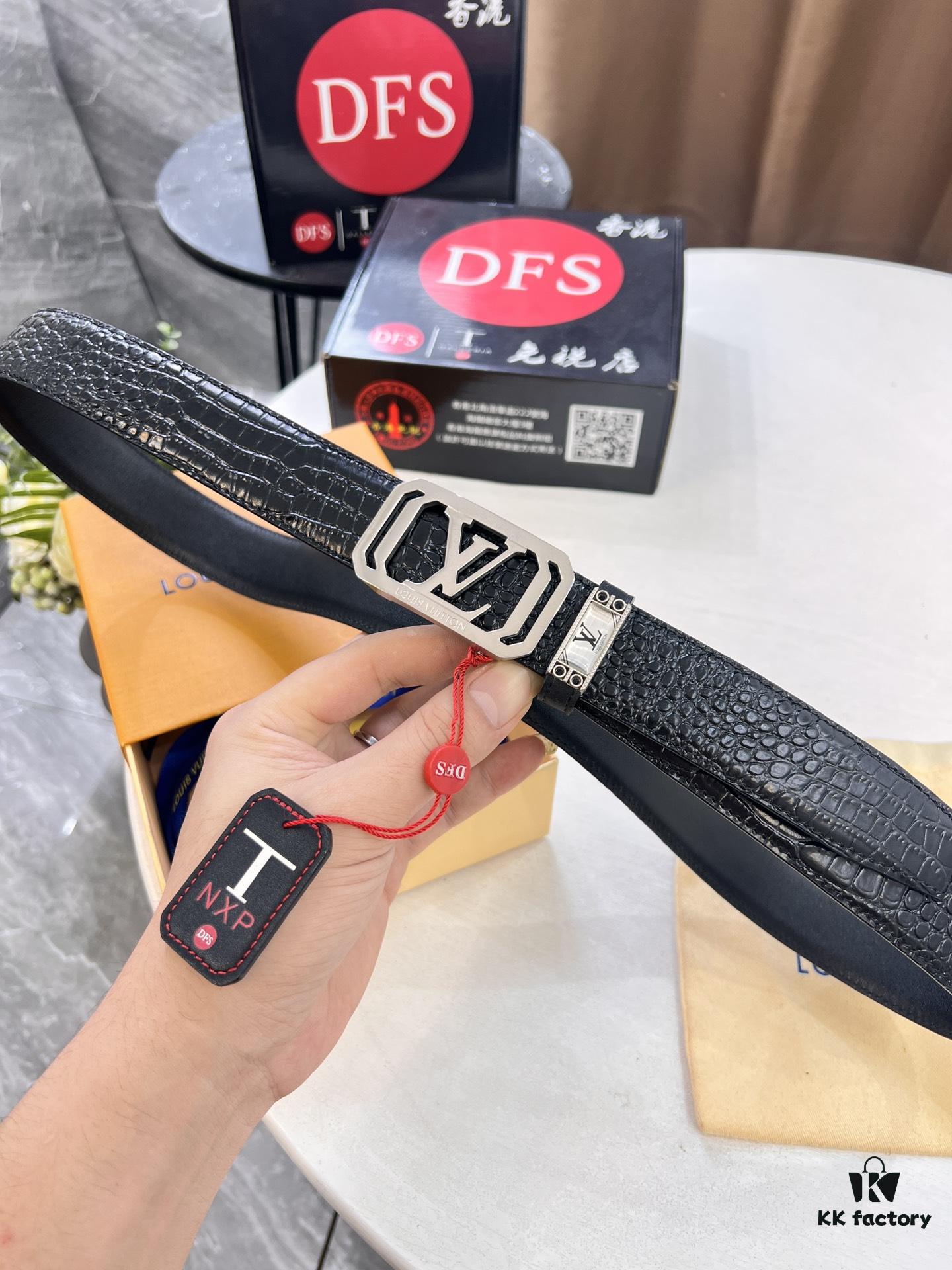 693202cf3a89a121ed550c6a Louis Vuitton Automatic Buckle Belt, Top-Quality Genuine Leather with Crocodile Texture, 3.5cm Width, Premium Business Formal Accessory