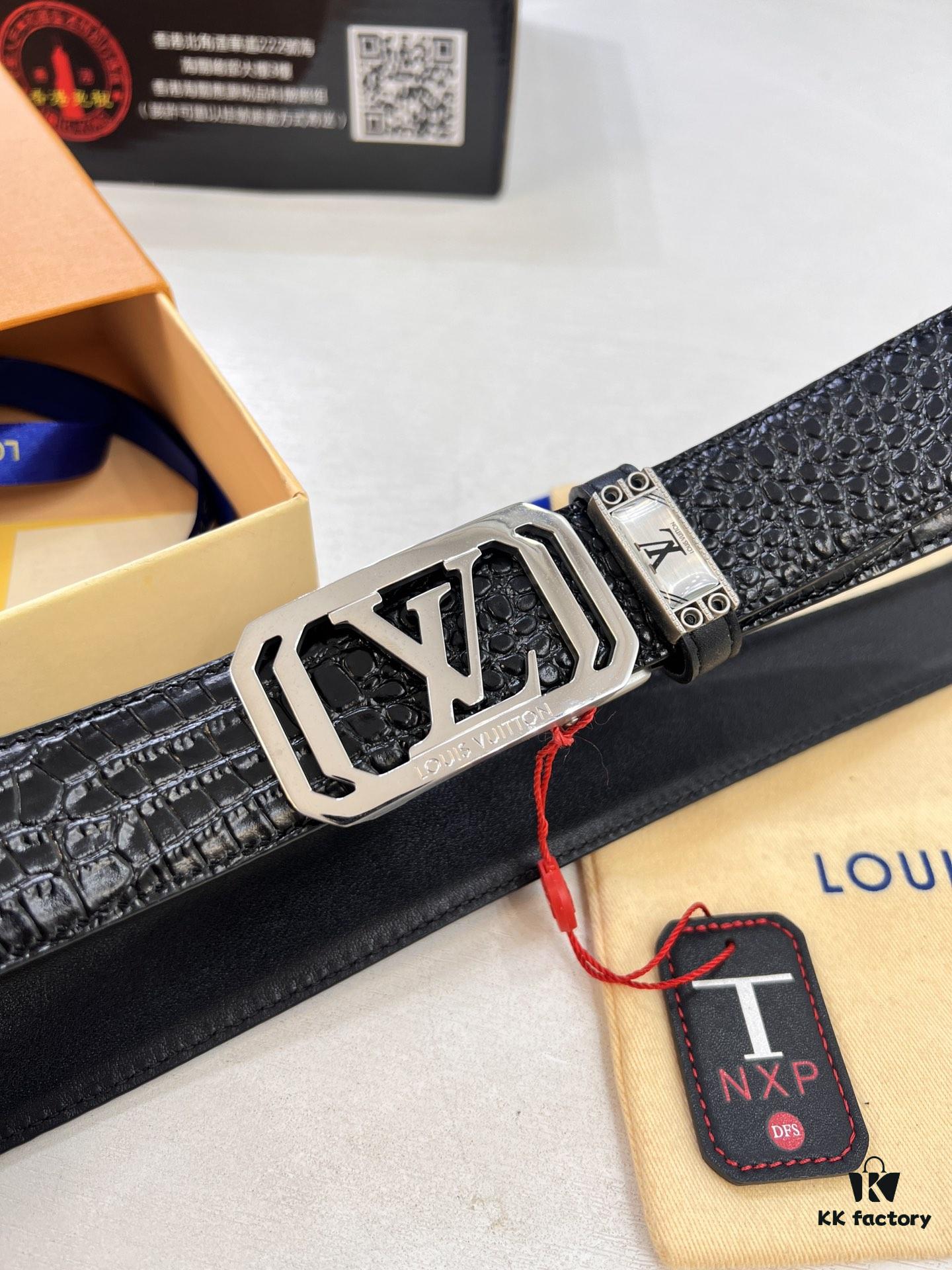 693202cf3a89a121ed550c6b Louis Vuitton Automatic Buckle Belt, Top-Quality Genuine Leather with Crocodile Texture, 3.5cm Width, Premium Business Formal Accessory