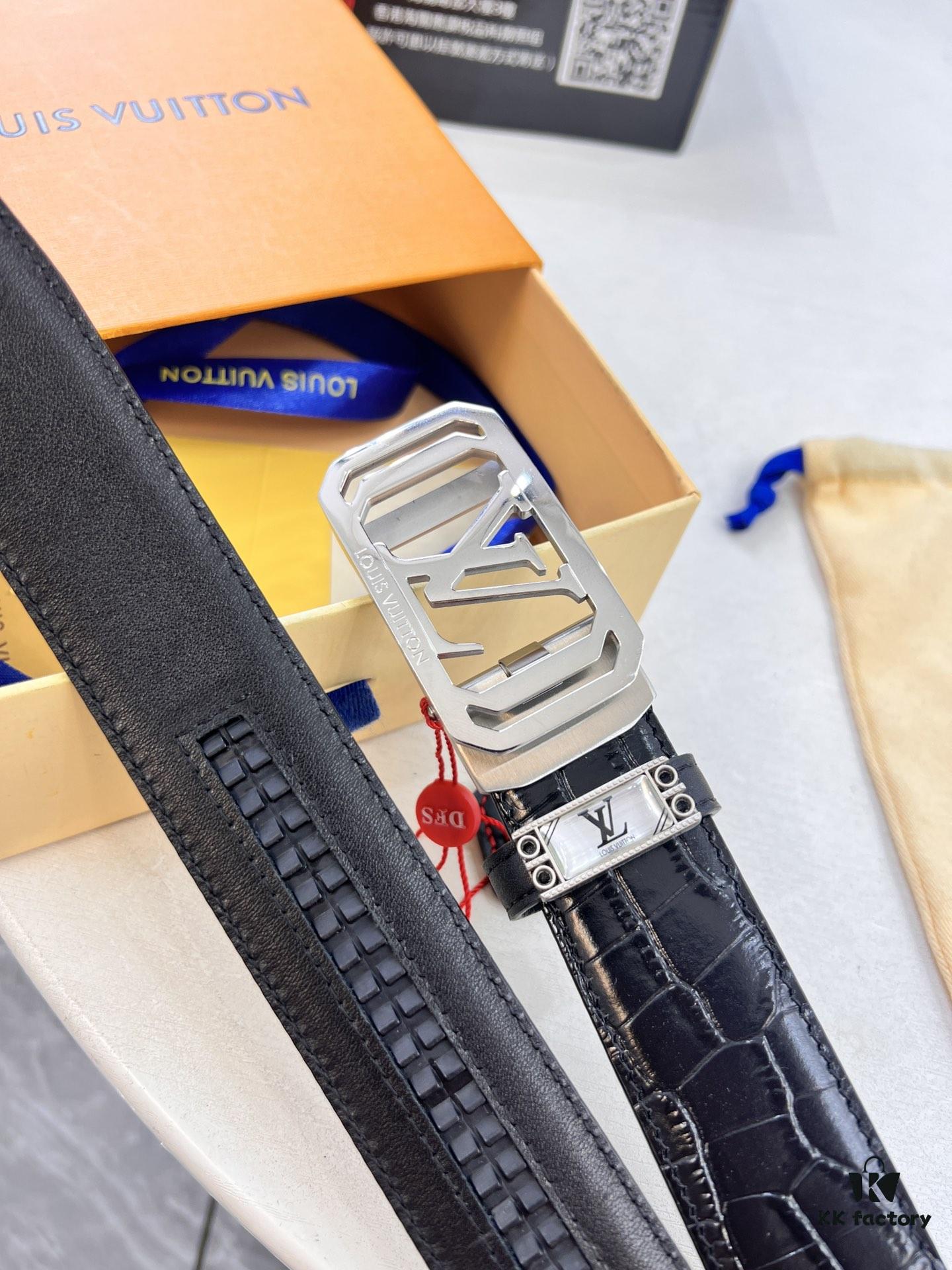 693202cf3a89a121ed550c6c Louis Vuitton Automatic Buckle Belt, Top-Quality Genuine Leather with Crocodile Texture, 3.5cm Width, Premium Business Formal Accessory