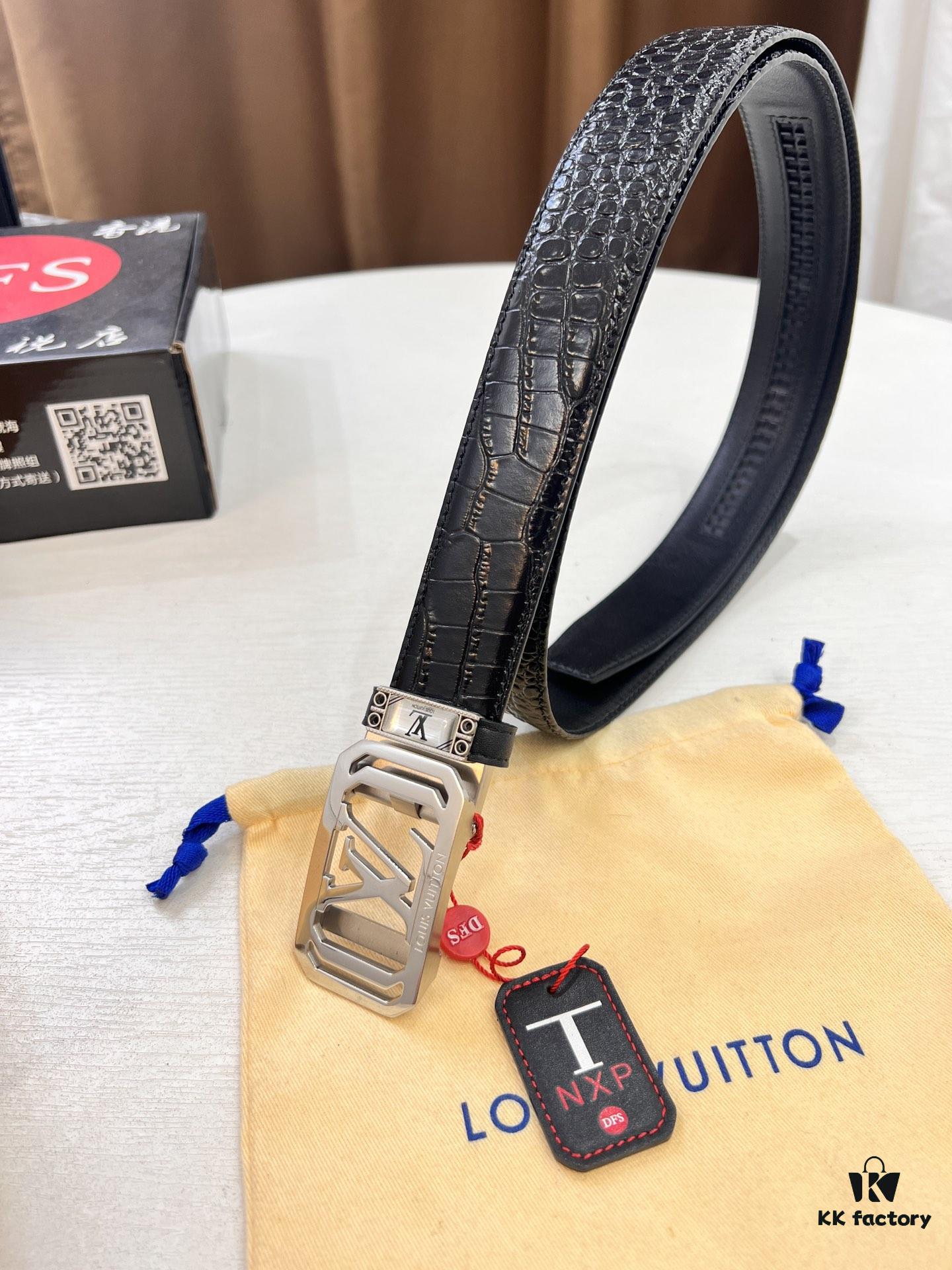 693202cf3a89a121ed550c6d Louis Vuitton Automatic Buckle Belt, Top-Quality Genuine Leather with Crocodile Texture, 3.5cm Width, Premium Business Formal Accessory
