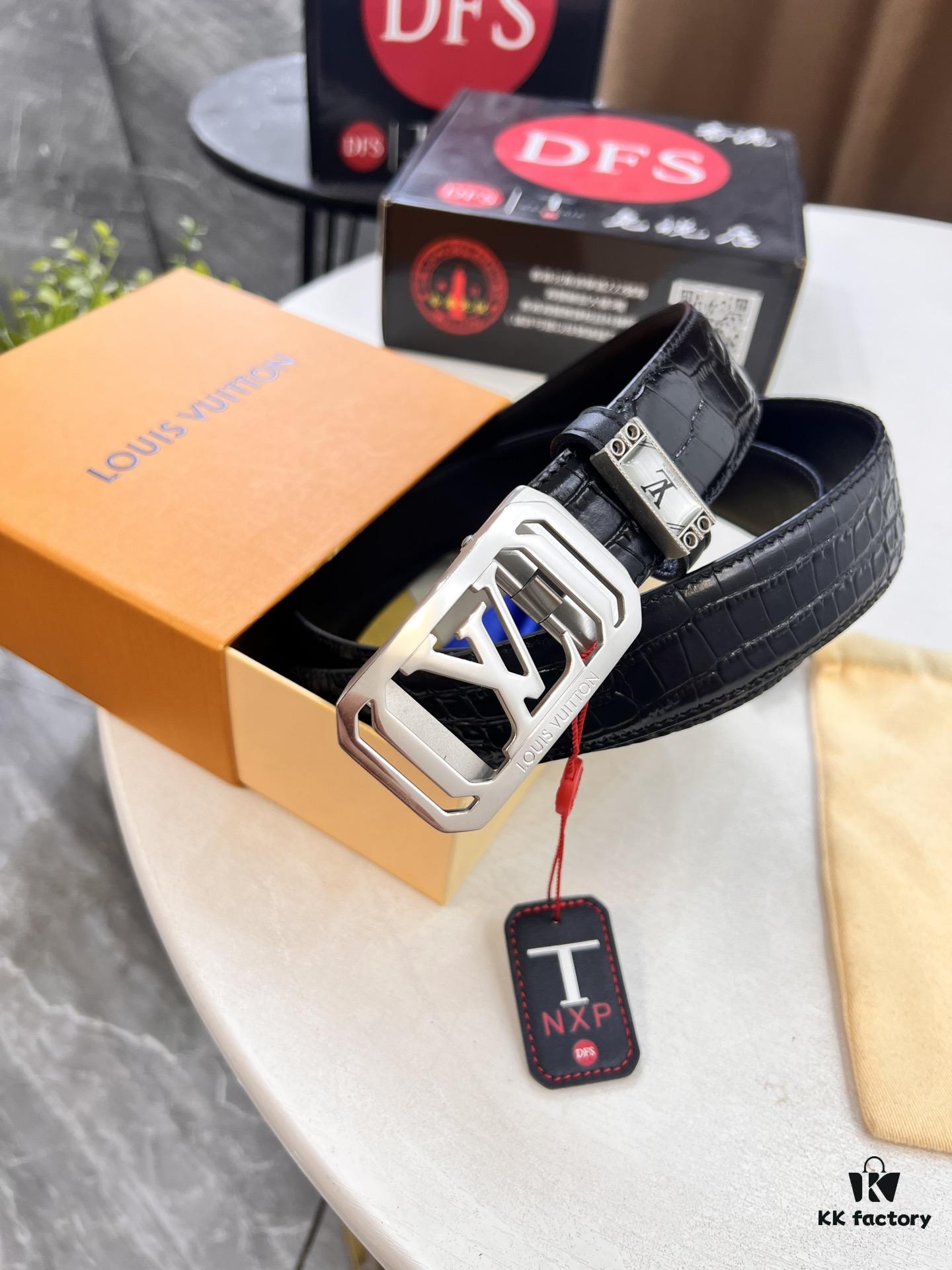 693202cf3a89a121ed550c6e Louis Vuitton Automatic Buckle Belt, Top-Quality Genuine Leather with Crocodile Texture, 3.5cm Width, Premium Business Formal Accessory