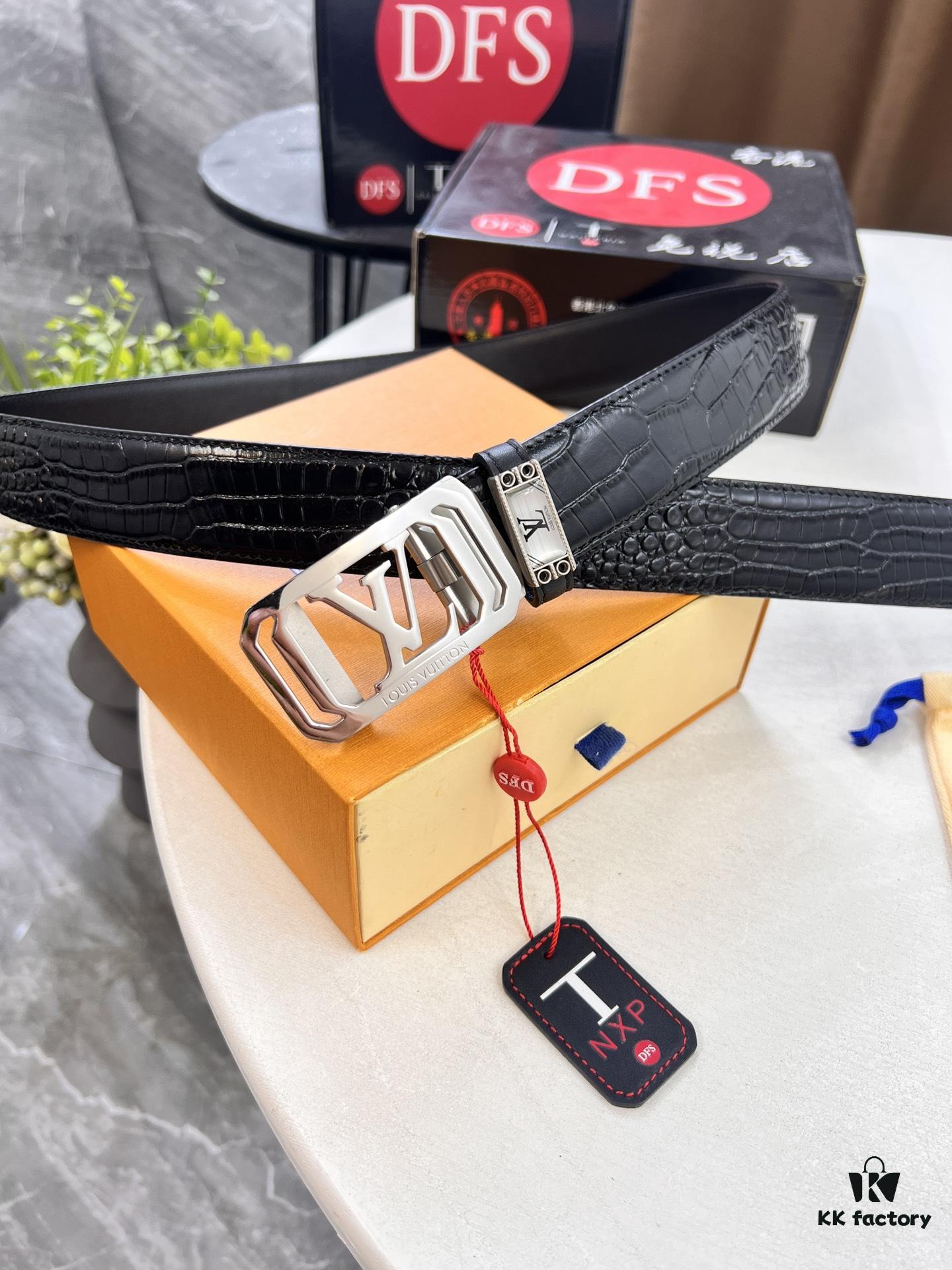 693202d03a89a121ed550c6f Louis Vuitton Automatic Buckle Belt, Top-Quality Genuine Leather with Crocodile Texture, 3.5cm Width, Premium Business Formal Accessory