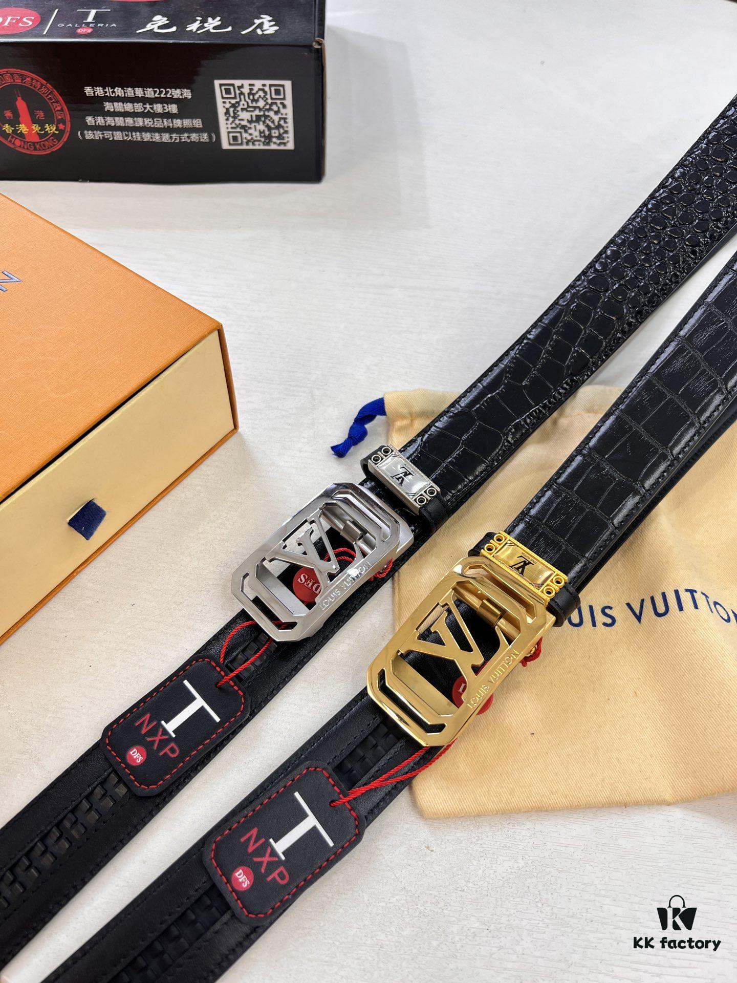 693202d03a89a121ed550c70 Louis Vuitton Automatic Buckle Belt, Top-Quality Genuine Leather with Crocodile Texture, 3.5cm Width, Premium Business Formal Accessory
