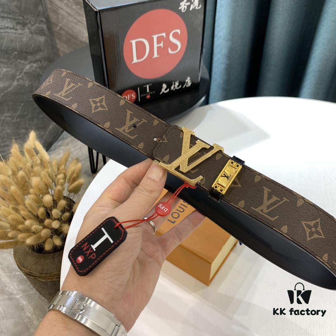 LV Men's Belt, New Monogram Imported Fabric, Full-Grain Cowhide Plain Weave, Reversible Design, Wave Pattern Letter Hardware, 3.8cm Width