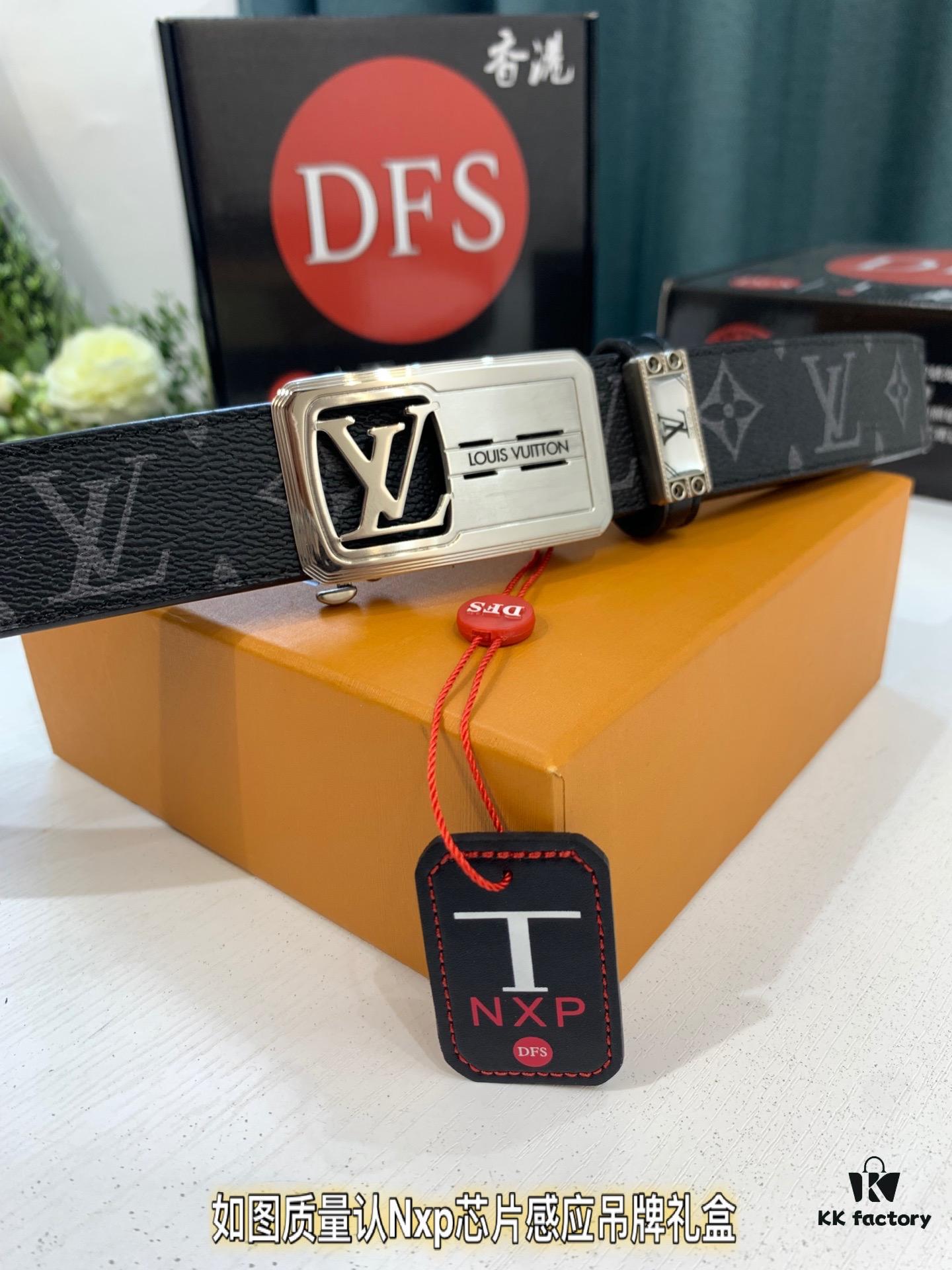 Louis Vuitton Automatic Buckle Belt, Premium Cowhide with PVC Monogram Pattern, 3.5cm Width, Top-Quality Craftsmanship