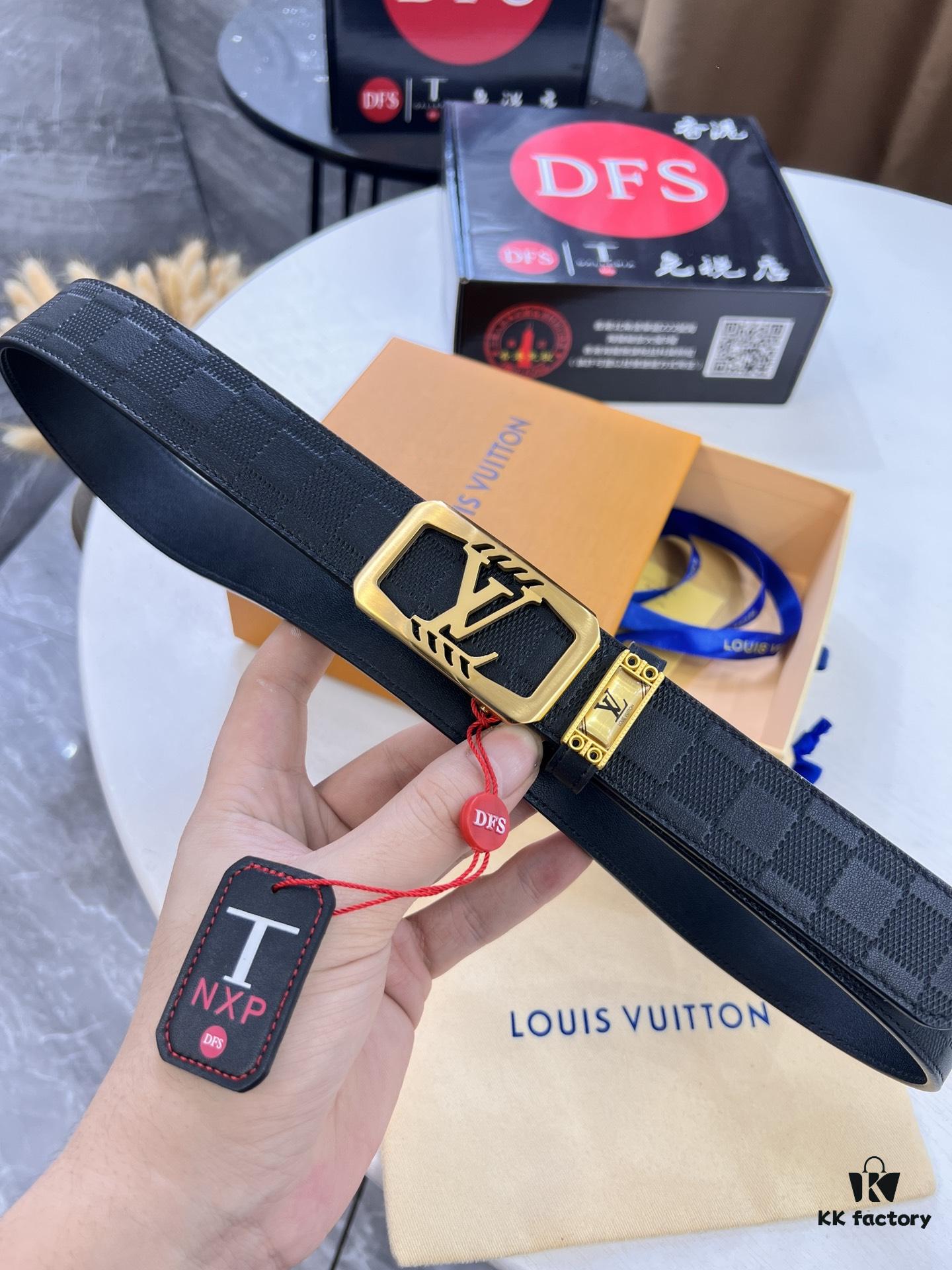 Louis Vuitton Automatic Buckle Belt, Genuine Cowhide, Imported Top-layer Leather with Grid Pattern, Fine-grain Calfskin, 3.5cm Width, Top-quality Business Formal Belt