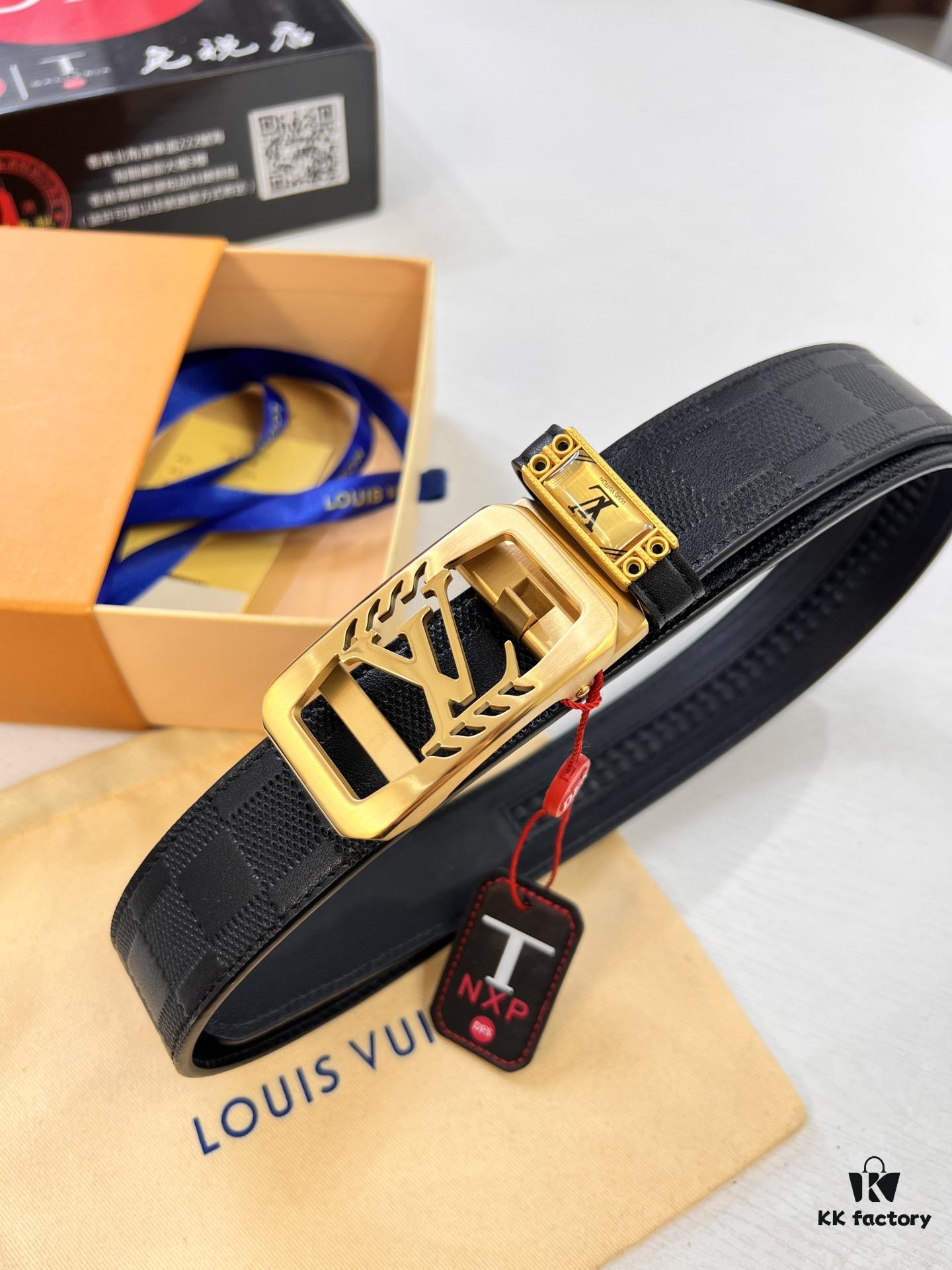 Louis Vuitton Automatic Buckle Belt, Genuine Cowhide, Imported Top-layer Leather with Grid Pattern, Fine-grain Calfskin, 3.5cm Width, Top-quality Business Formal Belt