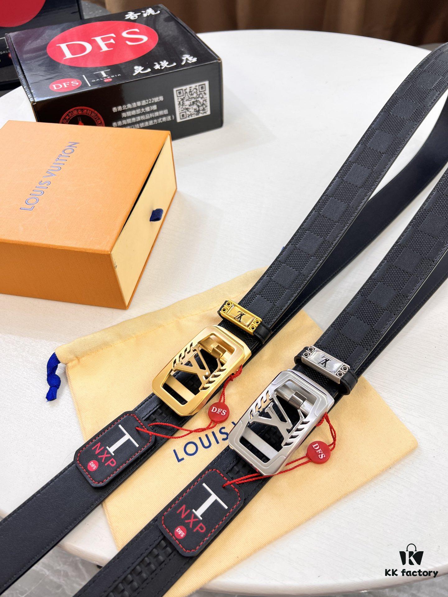 Louis Vuitton Automatic Buckle Belt, Genuine Cowhide, Imported Top-layer Leather with Grid Pattern, Fine-grain Calfskin, 3.5cm Width, Top-quality Business Formal Belt