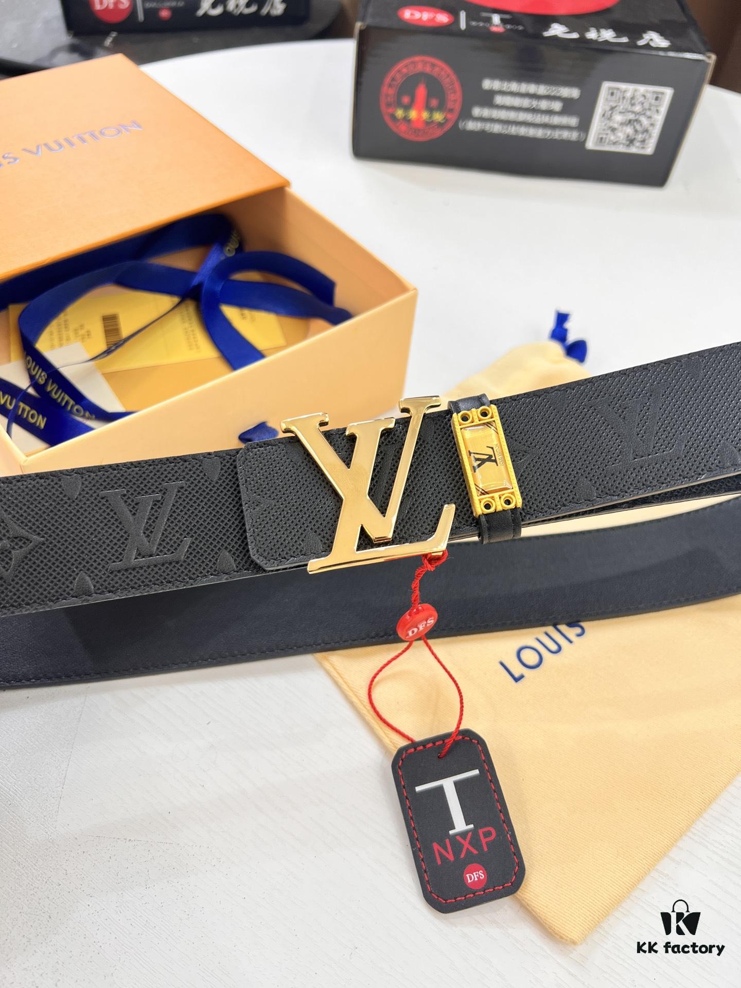 693202db3a89a121ed550d04 Top-Tier Louis Vuitton LV Pattern Belt, Genuine Full-Grain Calfskin with NXP Smart Chip, 3.8cm Width, Hong Kong Duty-Free Gift Box