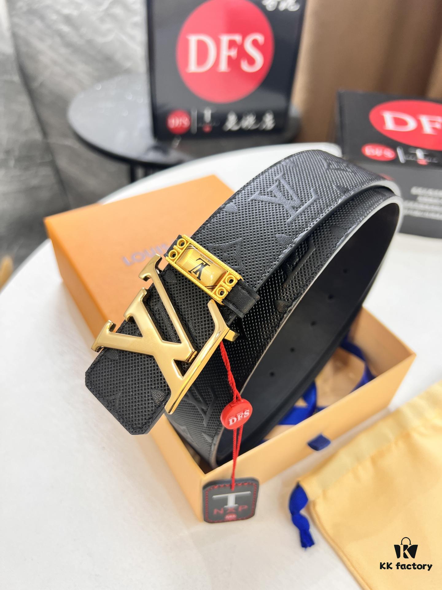 693202db3a89a121ed550d06 Top-Tier Louis Vuitton LV Pattern Belt, Genuine Full-Grain Calfskin with NXP Smart Chip, 3.8cm Width, Hong Kong Duty-Free Gift Box