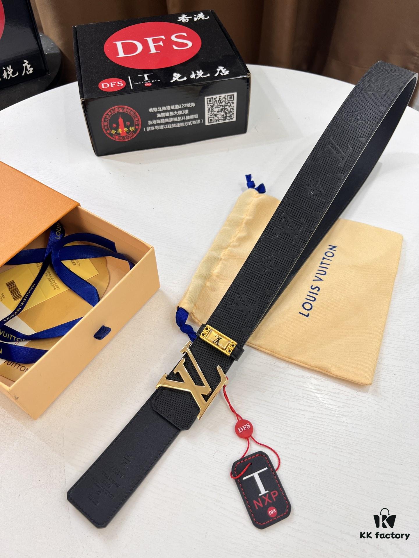 693202db3a89a121ed550d07 Top-Tier Louis Vuitton LV Pattern Belt, Genuine Full-Grain Calfskin with NXP Smart Chip, 3.8cm Width, Hong Kong Duty-Free Gift Box