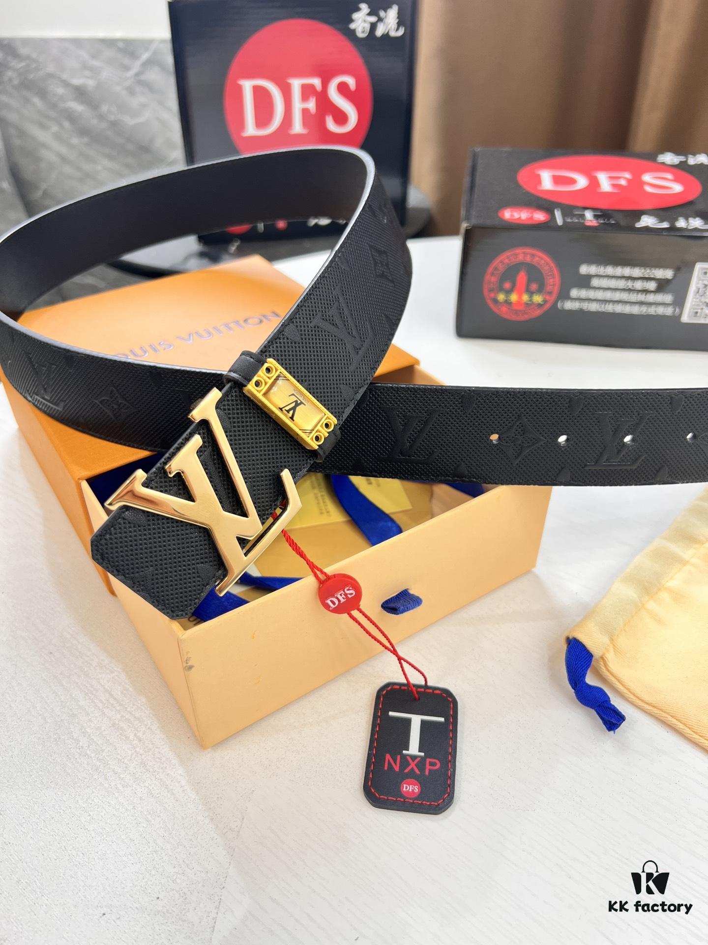 693202db3a89a121ed550d08 Top-Tier Louis Vuitton LV Pattern Belt, Genuine Full-Grain Calfskin with NXP Smart Chip, 3.8cm Width, Hong Kong Duty-Free Gift Box