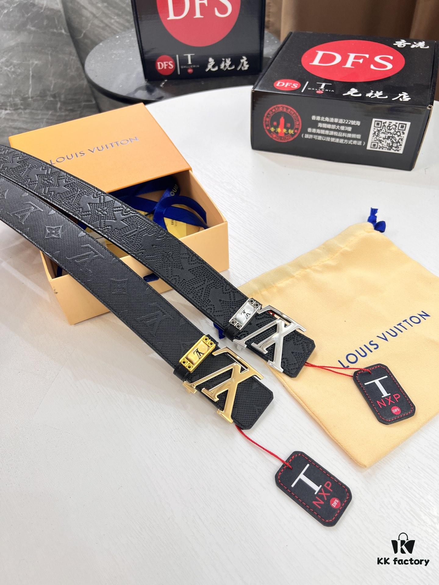 693202db3a89a121ed550d09 Top-Tier Louis Vuitton LV Pattern Belt, Genuine Full-Grain Calfskin with NXP Smart Chip, 3.8cm Width, Hong Kong Duty-Free Gift Box