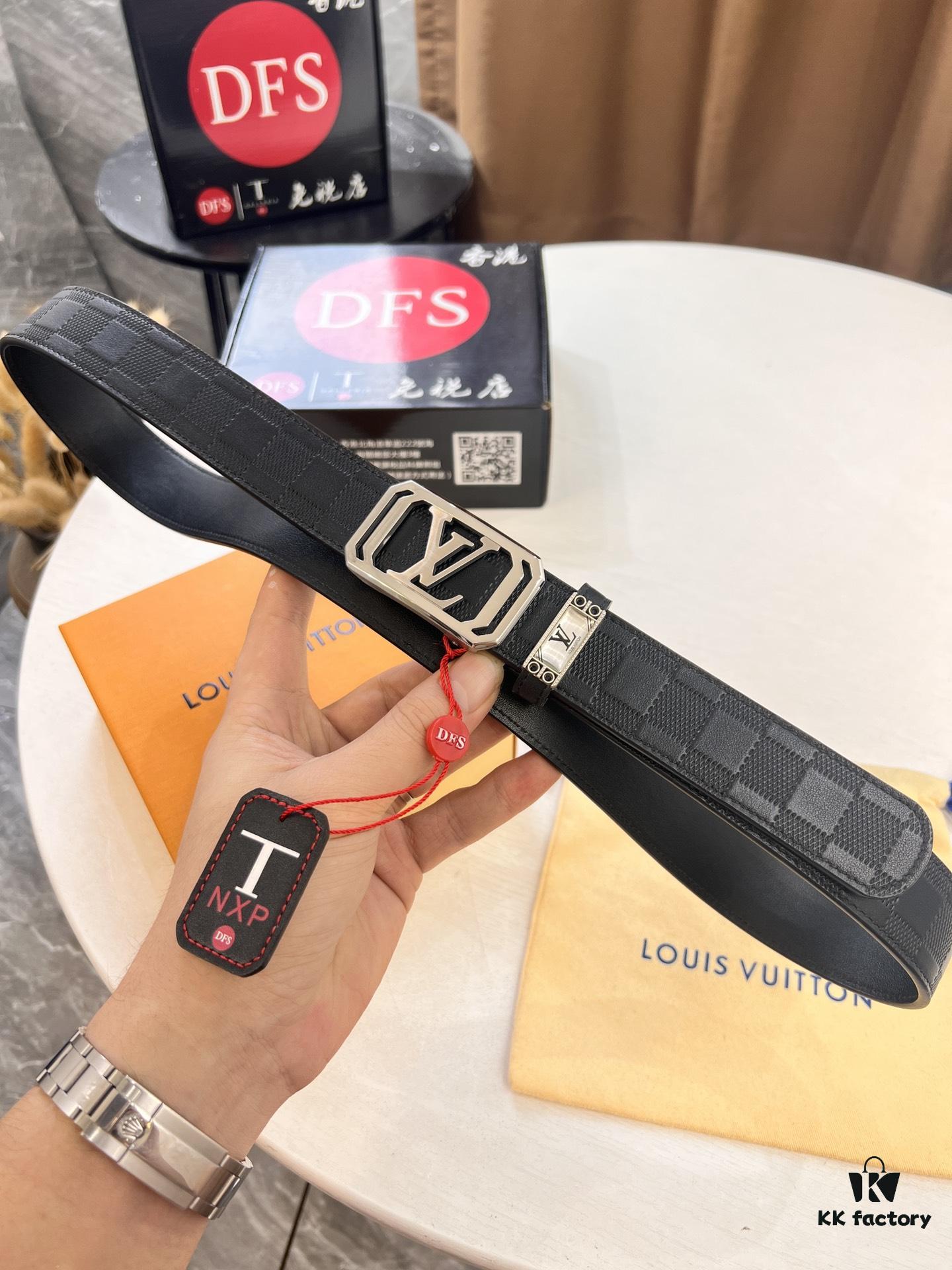 693202e03a89a121ed550d44 Louis Vuitton Automatic Buckle Belt, Top-Quality Genuine Leather, 3.5cm Width, Imported Calfskin with Grid Pattern, Smooth Slide Mechanism, Stainless Steel Hardware