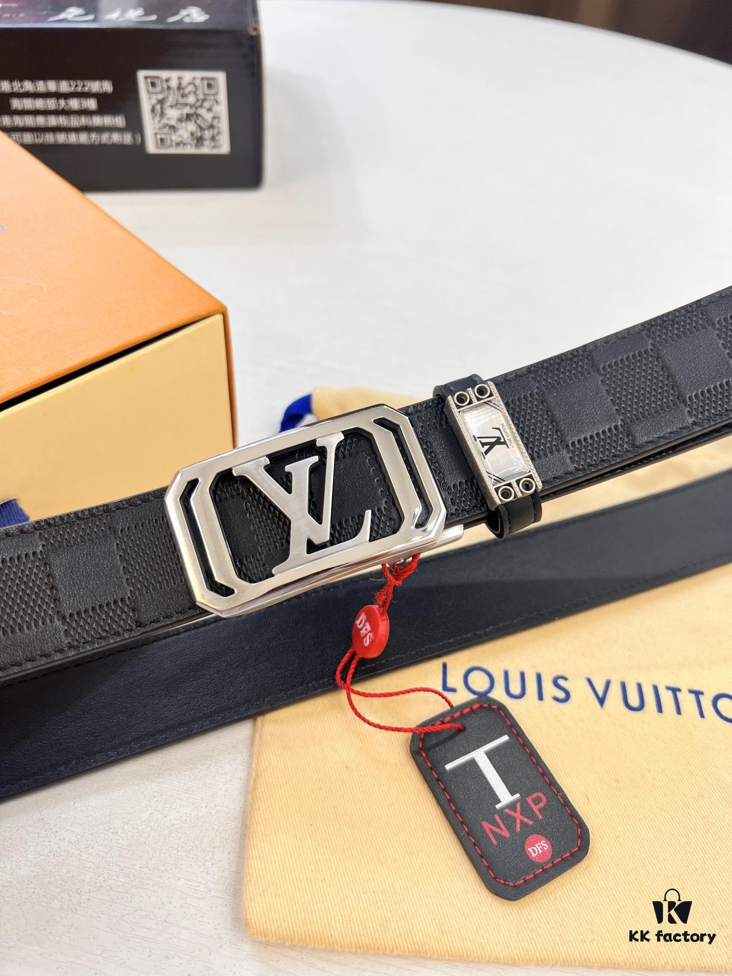 693202e03a89a121ed550d45 Louis Vuitton Automatic Buckle Belt, Top-Quality Genuine Leather, 3.5cm Width, Imported Calfskin with Grid Pattern, Smooth Slide Mechanism, Stainless Steel Hardware