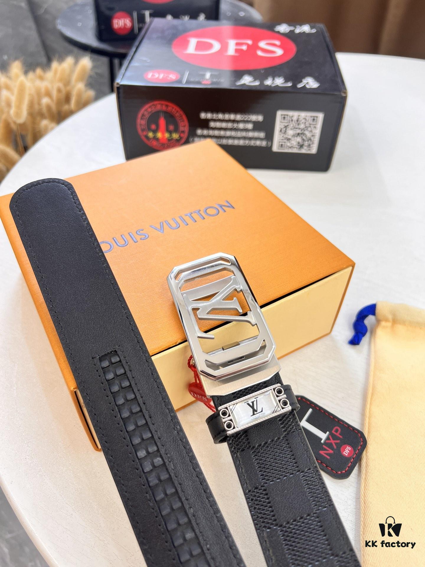 693202e03a89a121ed550d46 Louis Vuitton Automatic Buckle Belt, Top-Quality Genuine Leather, 3.5cm Width, Imported Calfskin with Grid Pattern, Smooth Slide Mechanism, Stainless Steel Hardware