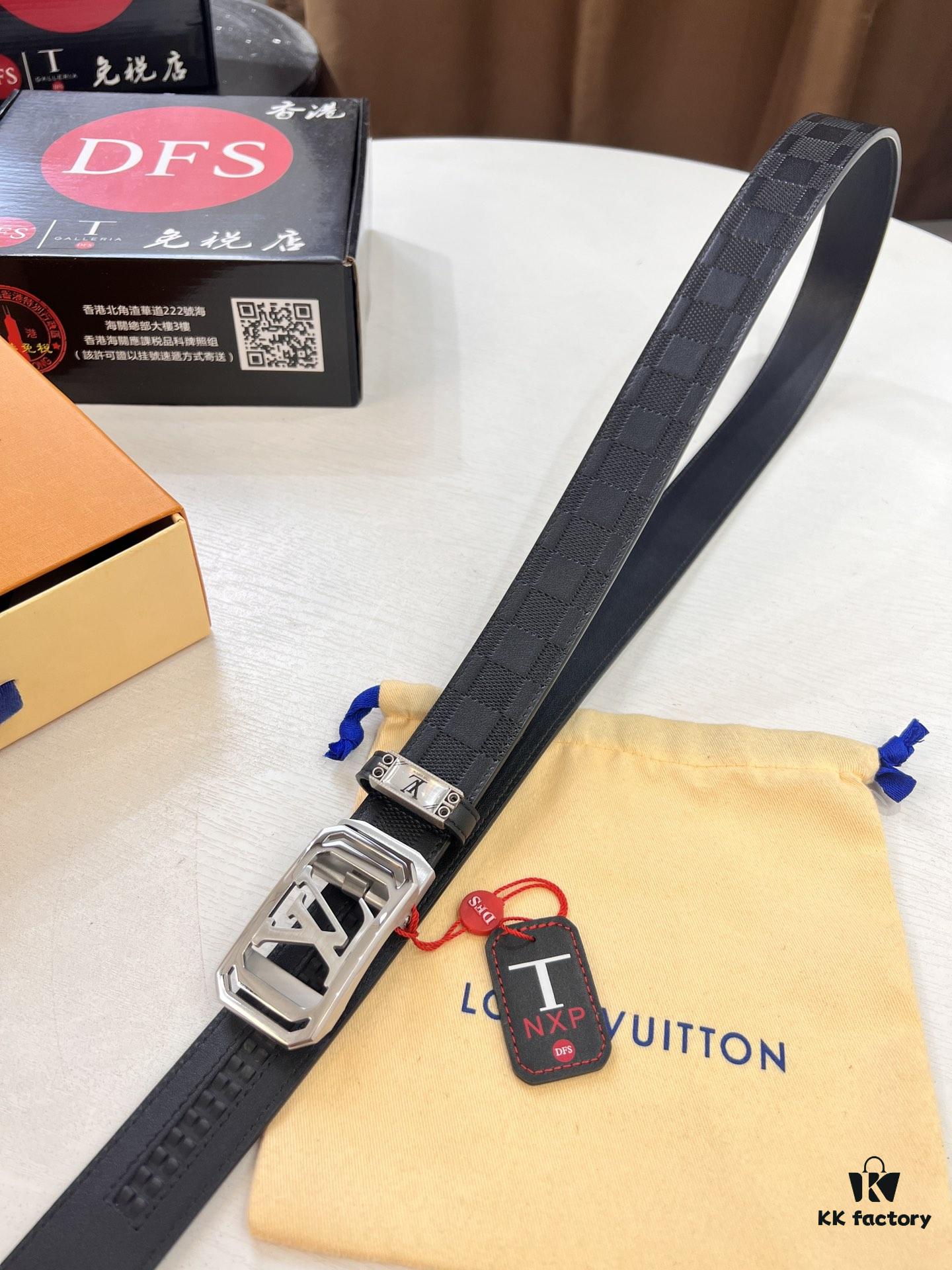 693202e03a89a121ed550d48 Louis Vuitton Automatic Buckle Belt, Top-Quality Genuine Leather, 3.5cm Width, Imported Calfskin with Grid Pattern, Smooth Slide Mechanism, Stainless Steel Hardware