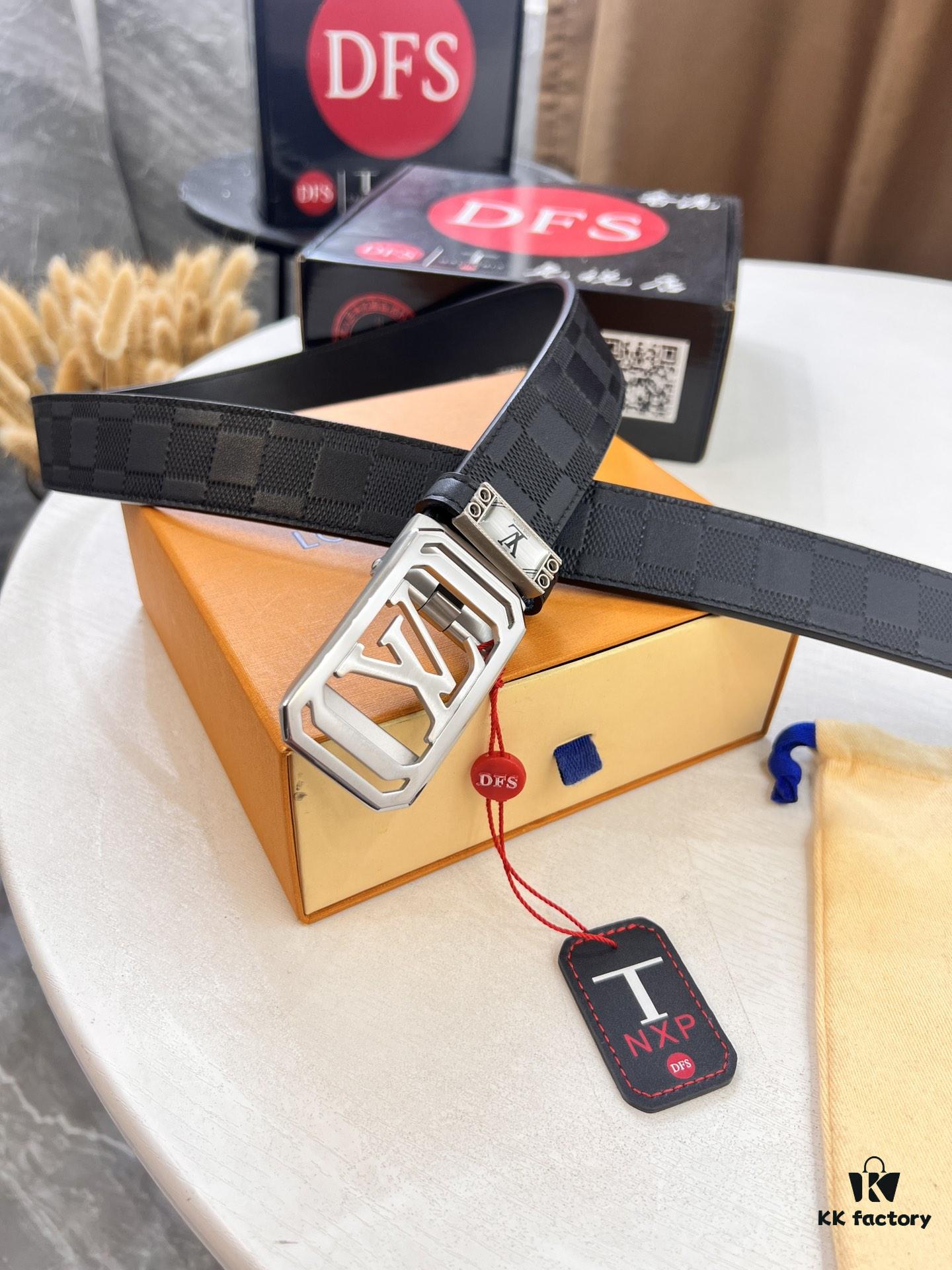 693202e03a89a121ed550d49 Louis Vuitton Automatic Buckle Belt, Top-Quality Genuine Leather, 3.5cm Width, Imported Calfskin with Grid Pattern, Smooth Slide Mechanism, Stainless Steel Hardware