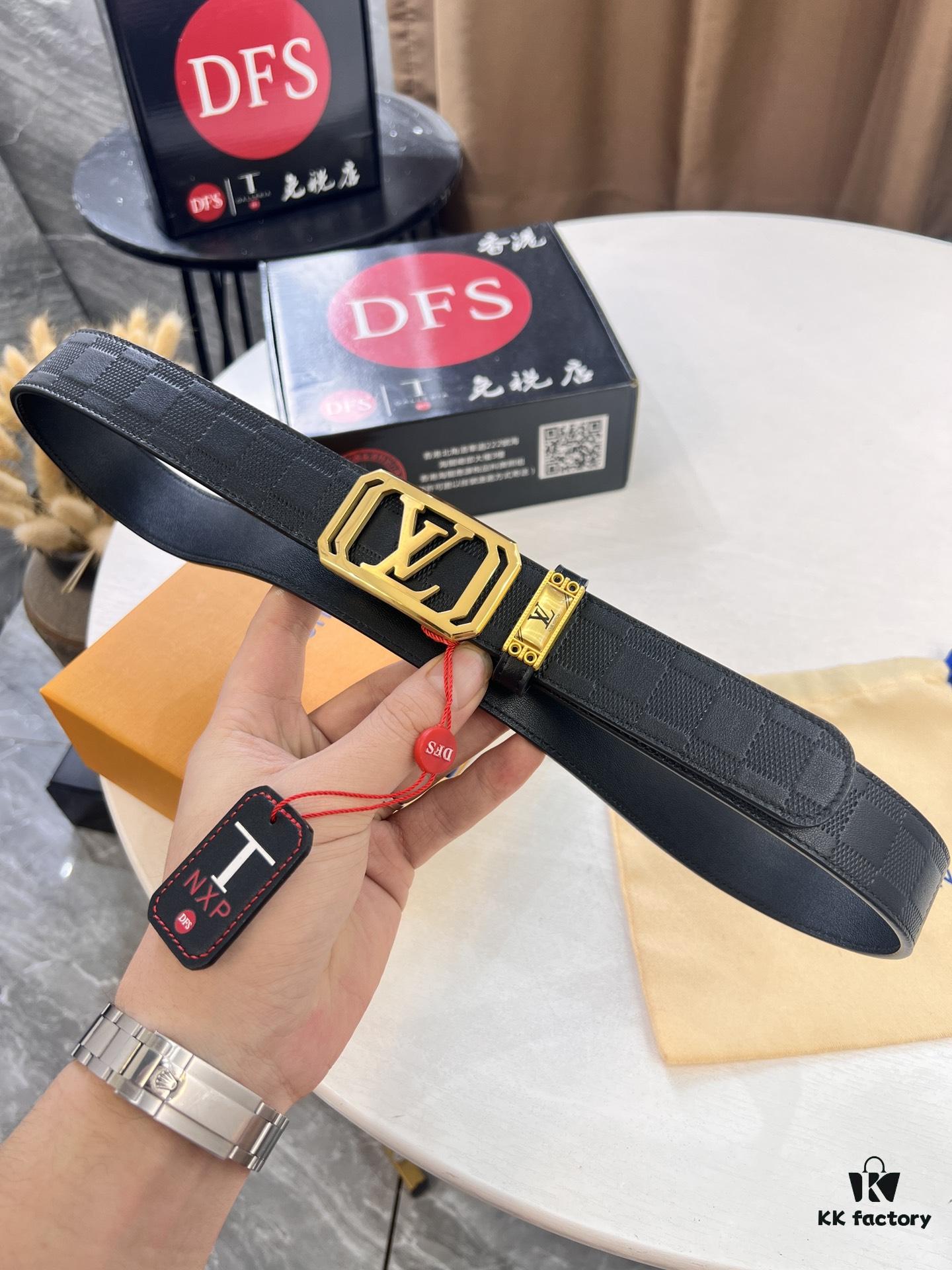 693202e13a89a121ed550d4b Louis Vuitton Automatic Buckle Belt, Premium Cowhide, Imported Top Layer Leather with Grid Pattern, Fine Grain Leather, 3.5cm Width, Top-Quality Business Formal Belt