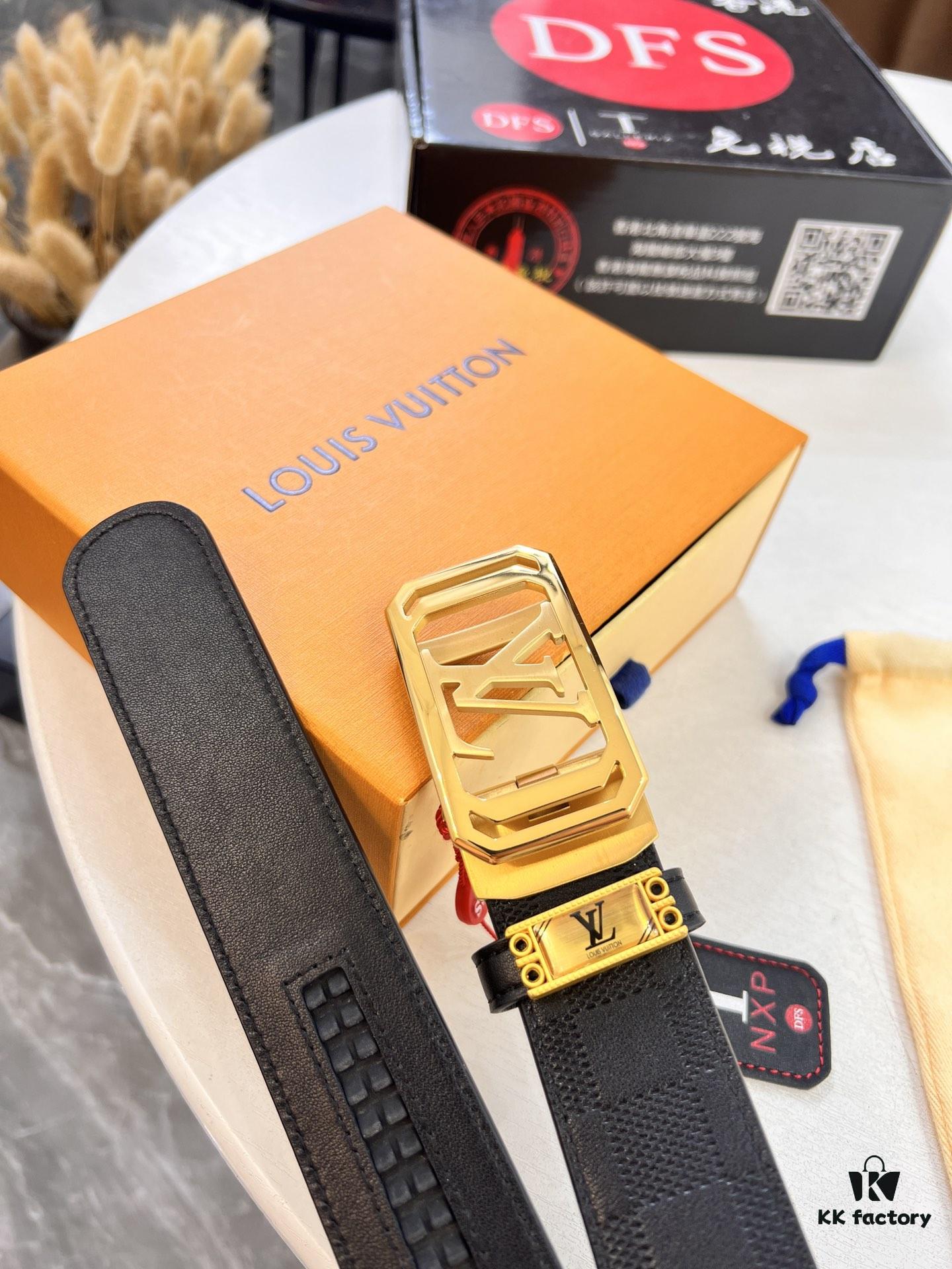 693202e13a89a121ed550d4d Louis Vuitton Automatic Buckle Belt, Premium Cowhide, Imported Top Layer Leather with Grid Pattern, Fine Grain Leather, 3.5cm Width, Top-Quality Business Formal Belt