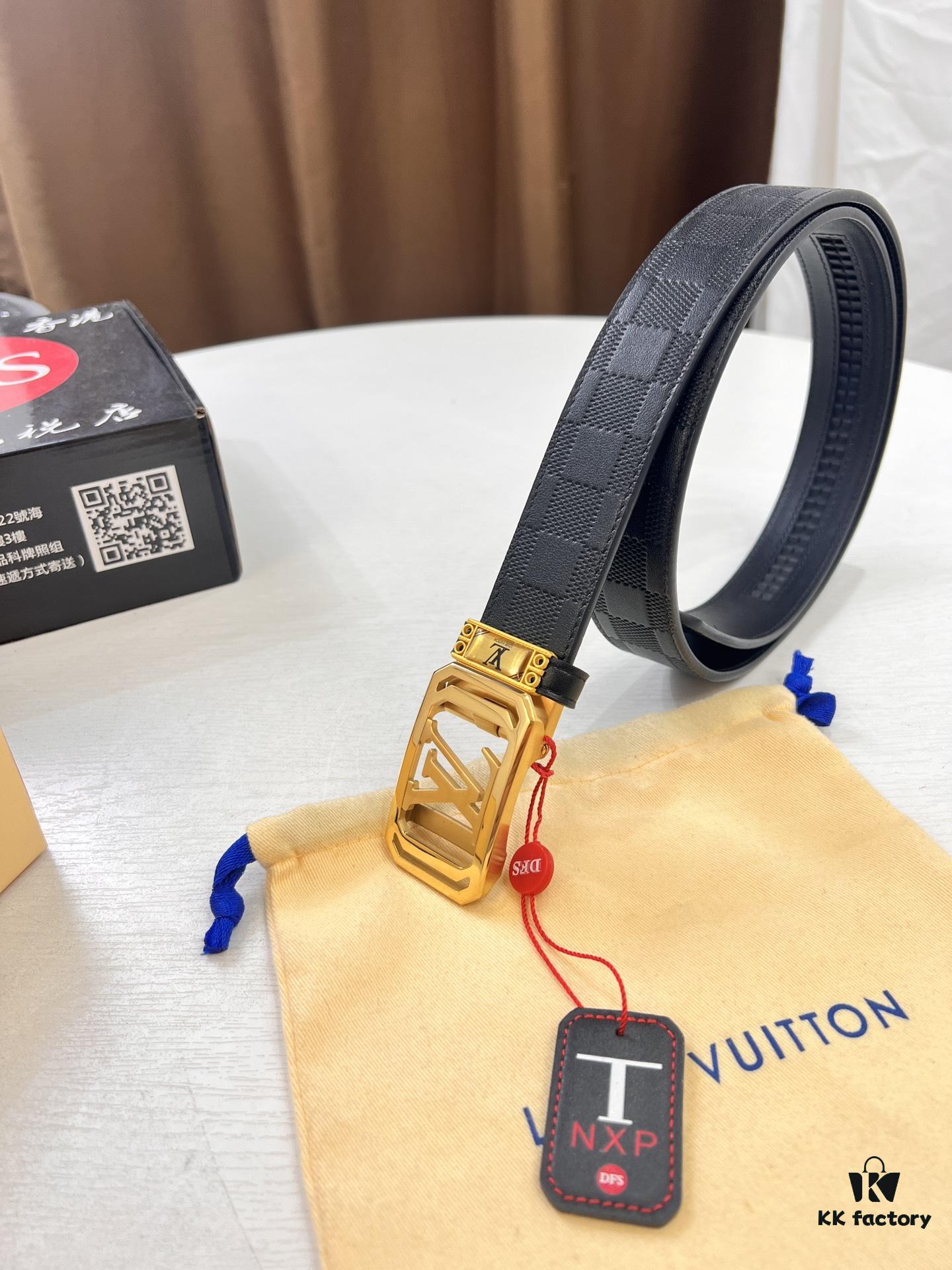 693202e13a89a121ed550d4f Louis Vuitton Automatic Buckle Belt, Premium Cowhide, Imported Top Layer Leather with Grid Pattern, Fine Grain Leather, 3.5cm Width, Top-Quality Business Formal Belt