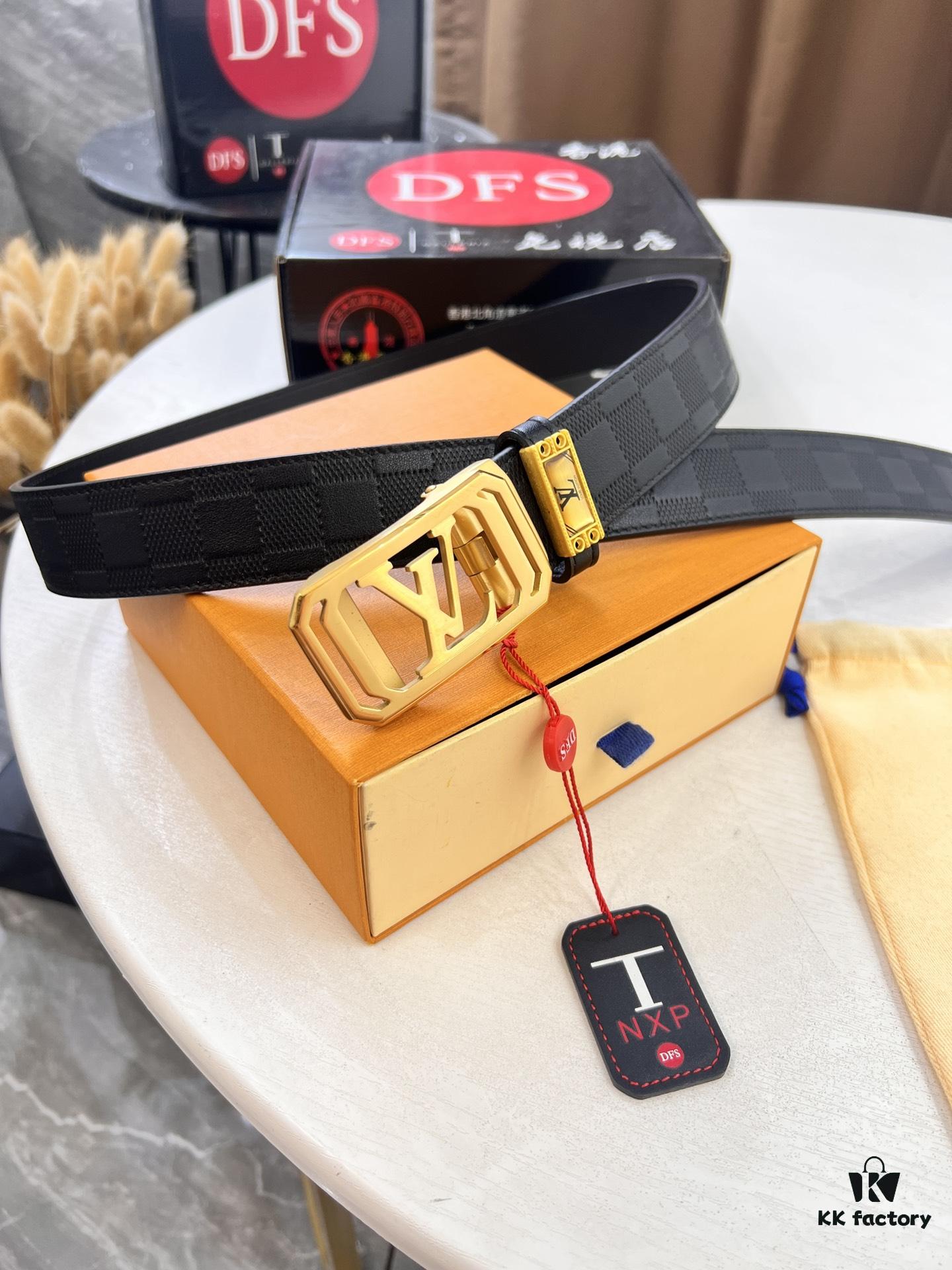 693202e13a89a121ed550d50 Louis Vuitton Automatic Buckle Belt, Premium Cowhide, Imported Top Layer Leather with Grid Pattern, Fine Grain Leather, 3.5cm Width, Top-Quality Business Formal Belt