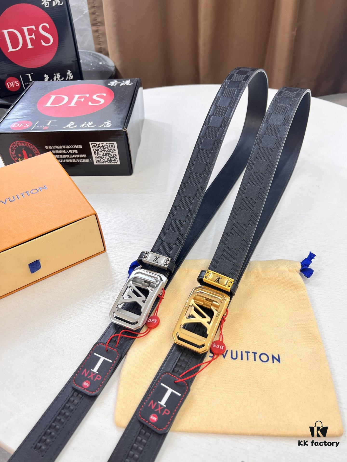 693202e13a89a121ed550d51 Louis Vuitton Automatic Buckle Belt, Premium Cowhide, Imported Top Layer Leather with Grid Pattern, Fine Grain Leather, 3.5cm Width, Top-Quality Business Formal Belt