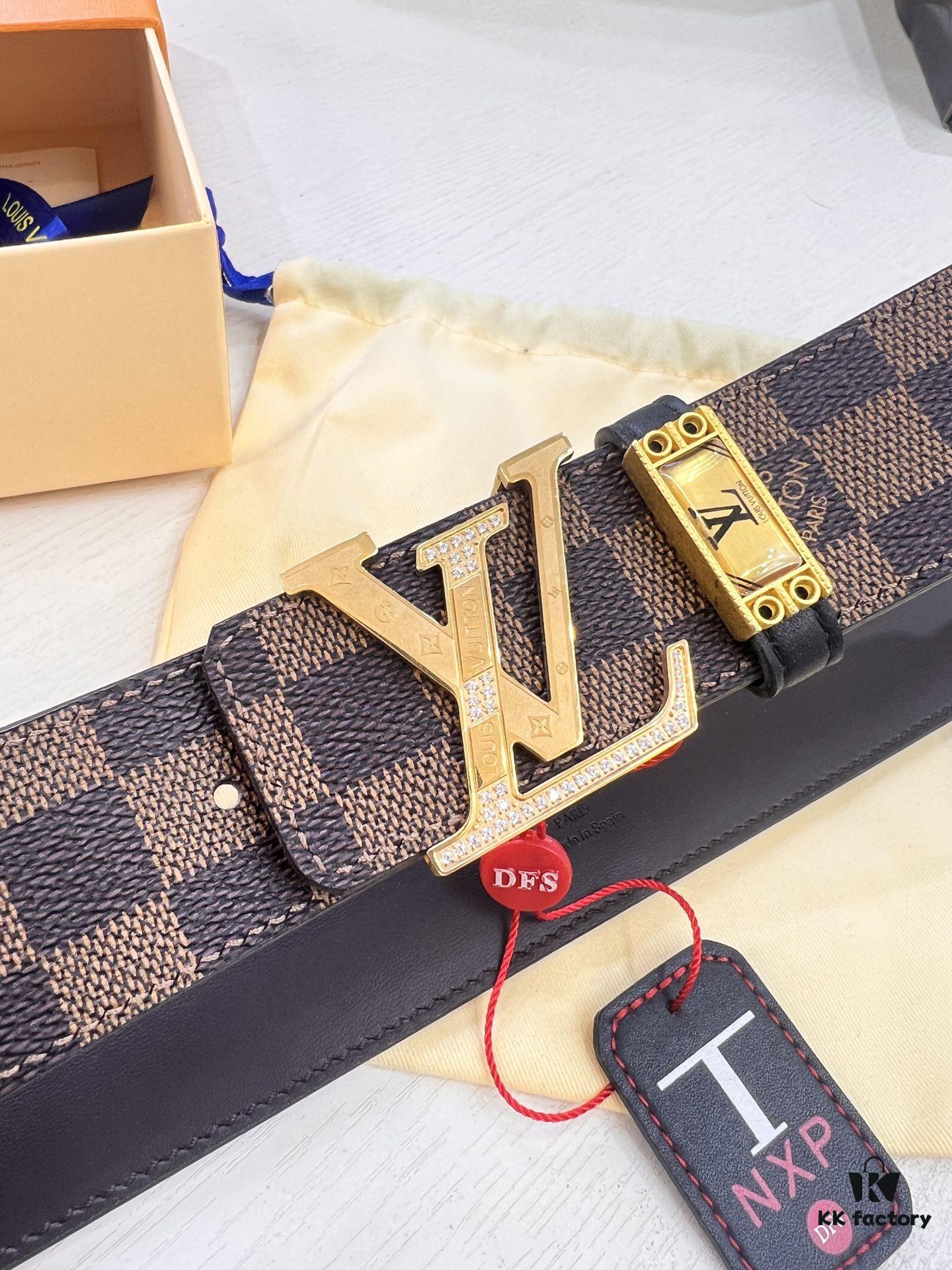 693202e63a89a121ed550d8d LV Men's Belt, Latest Style, ZP Molded, Matching Classic Checkered Fabric, Genuine Cowhide, Stainless Steel Buckle with Thickened Hardware, 4.0cm Width