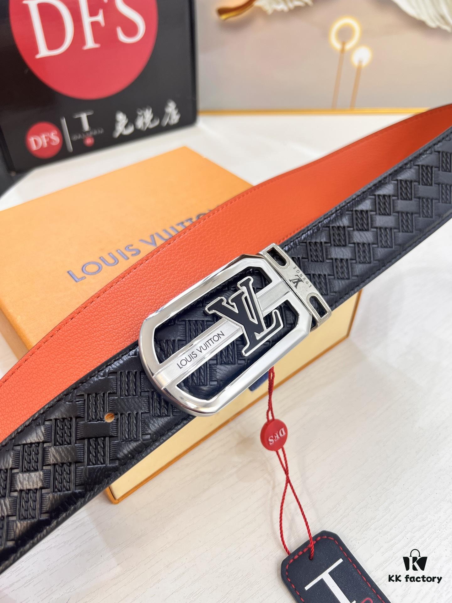 693202e73a89a121ed550d9d LV Men's Belt - Original Imported Woven Full-Grain Leather, Double-Sided Use, Steel Hardware with Inner Letters, 3.8cm Width