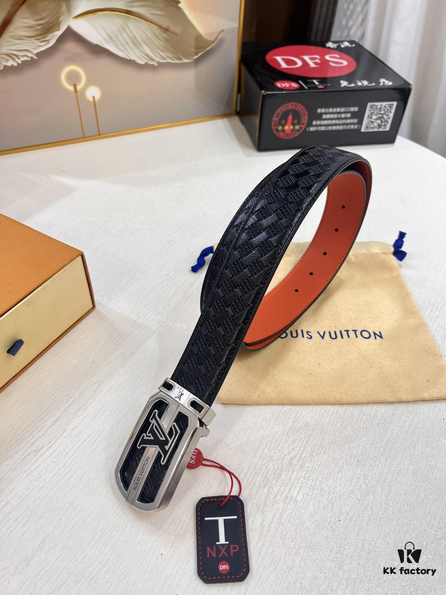 693202e73a89a121ed550d9e LV Men's Belt - Original Imported Woven Full-Grain Leather, Double-Sided Use, Steel Hardware with Inner Letters, 3.8cm Width