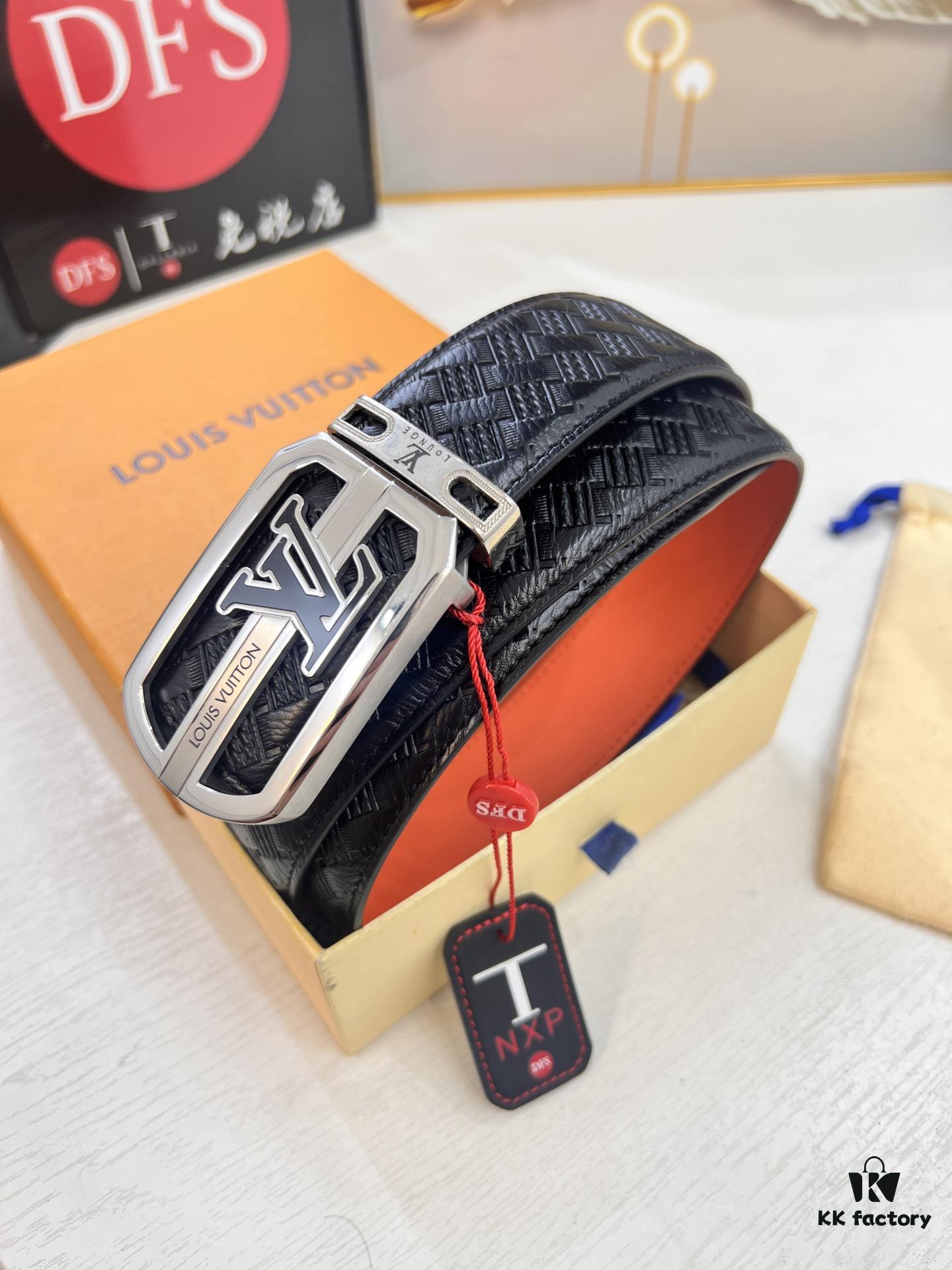 693202e73a89a121ed550da0 LV Men's Belt - Original Imported Woven Full-Grain Leather, Double-Sided Use, Steel Hardware with Inner Letters, 3.8cm Width