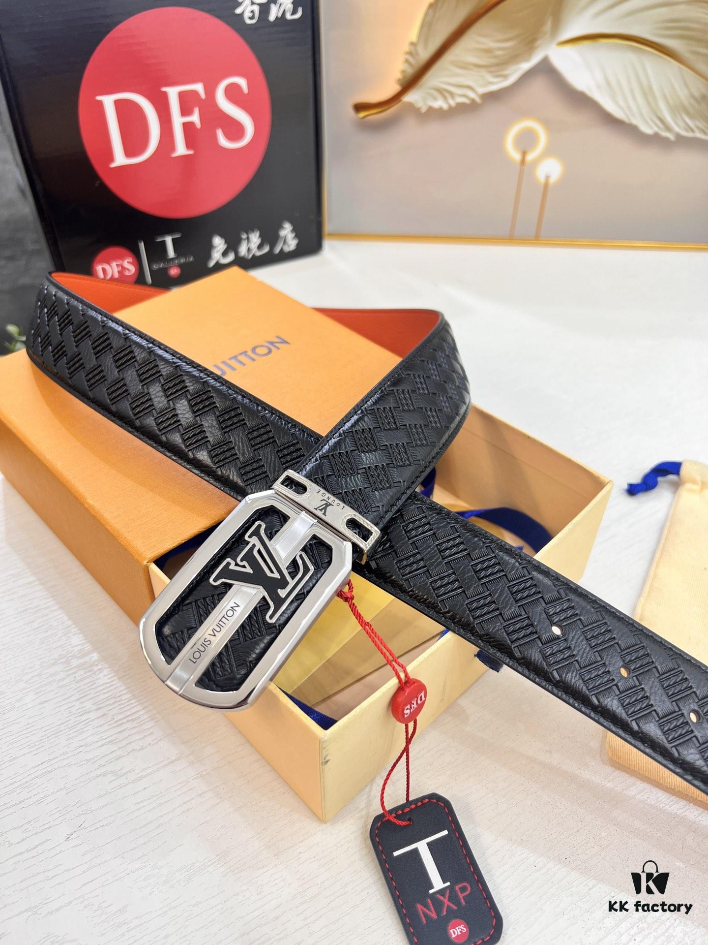 693202e73a89a121ed550da1 LV Men's Belt - Original Imported Woven Full-Grain Leather, Double-Sided Use, Steel Hardware with Inner Letters, 3.8cm Width