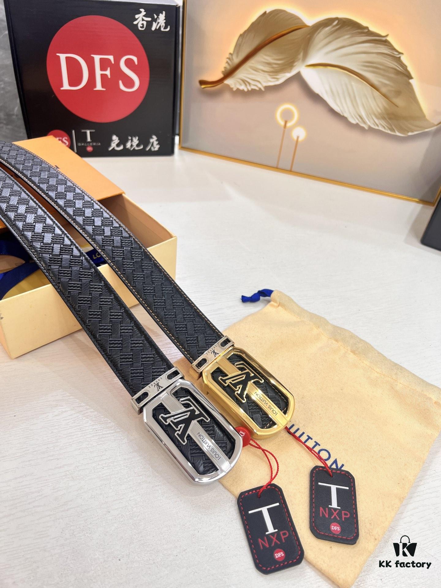 693202e73a89a121ed550da2 LV Men's Belt - Original Imported Woven Full-Grain Leather, Double-Sided Use, Steel Hardware with Inner Letters, 3.8cm Width