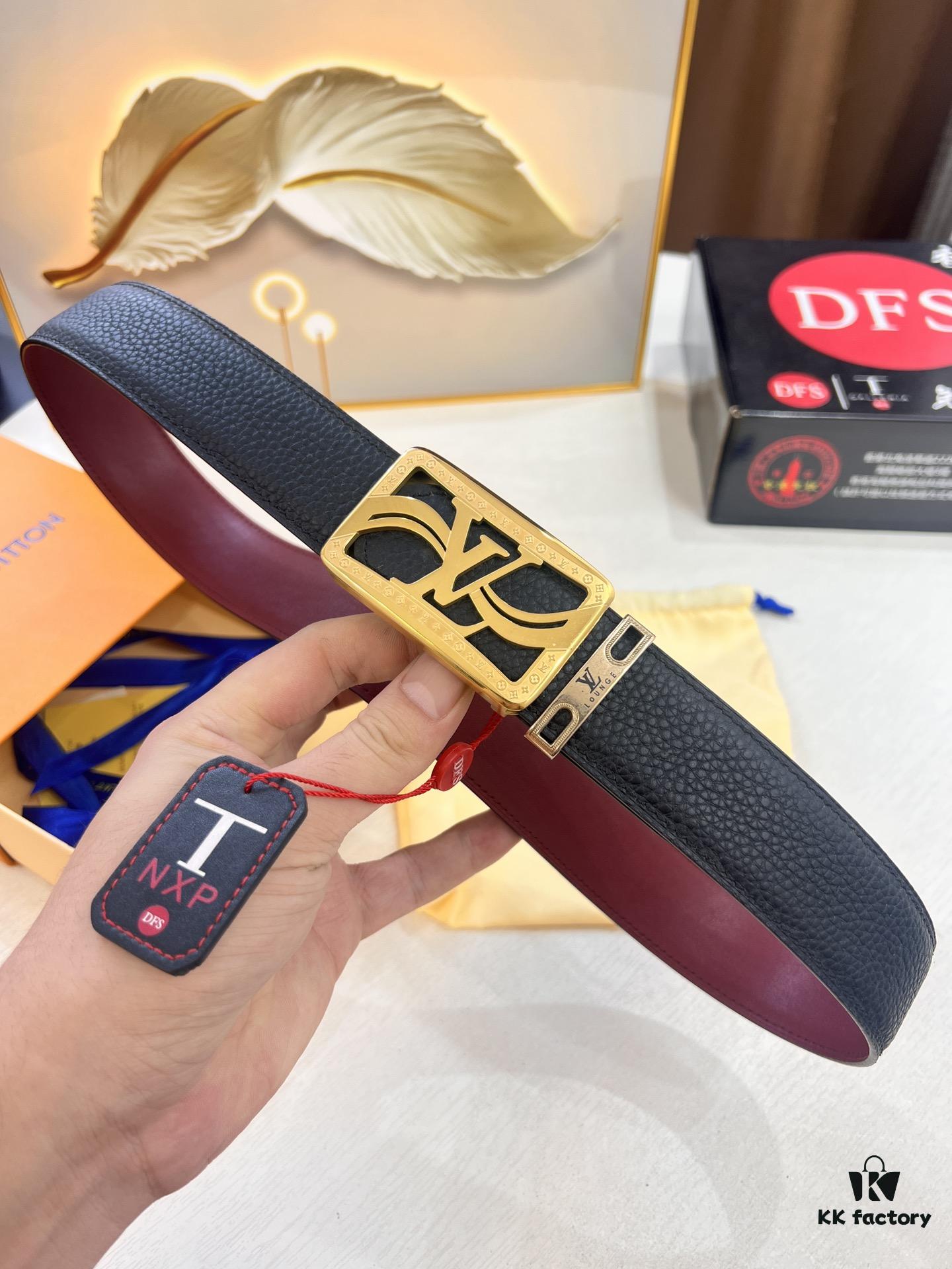693202ee3a89a121ed550df2 Top-Tier Louis Vuitton LV Belt - Genuine First-Layer Embossed Cowhide, 3.8cm Width, Reddish Wine Color, Hong Kong Duty-Free Premium Gift Box
