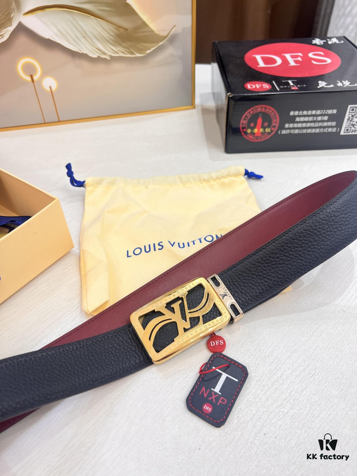 693202ee3a89a121ed550df3 Top-Tier Louis Vuitton LV Belt - Genuine First-Layer Embossed Cowhide, 3.8cm Width, Reddish Wine Color, Hong Kong Duty-Free Premium Gift Box