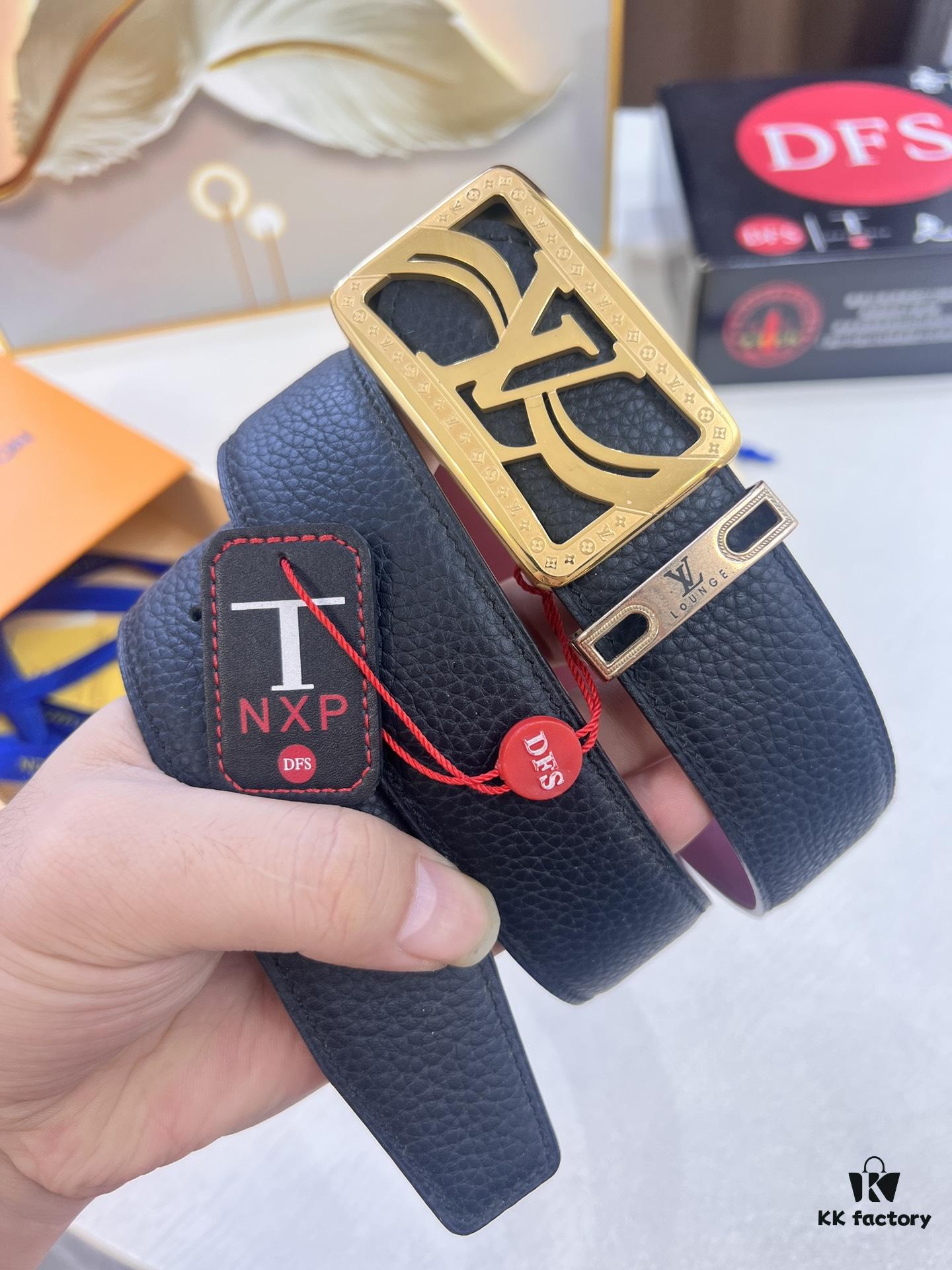 693202ee3a89a121ed550df4 Top-Tier Louis Vuitton LV Belt - Genuine First-Layer Embossed Cowhide, 3.8cm Width, Reddish Wine Color, Hong Kong Duty-Free Premium Gift Box