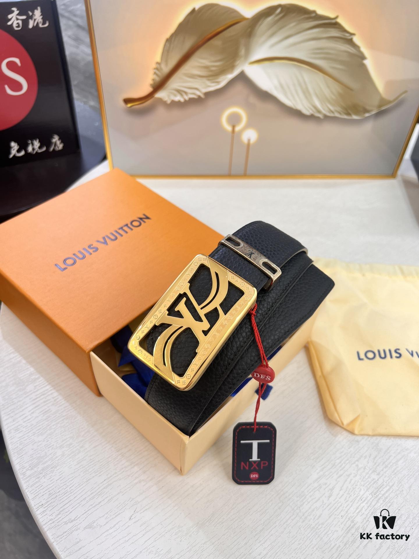 693202ee3a89a121ed550df5 Top-Tier Louis Vuitton LV Belt - Genuine First-Layer Embossed Cowhide, 3.8cm Width, Reddish Wine Color, Hong Kong Duty-Free Premium Gift Box