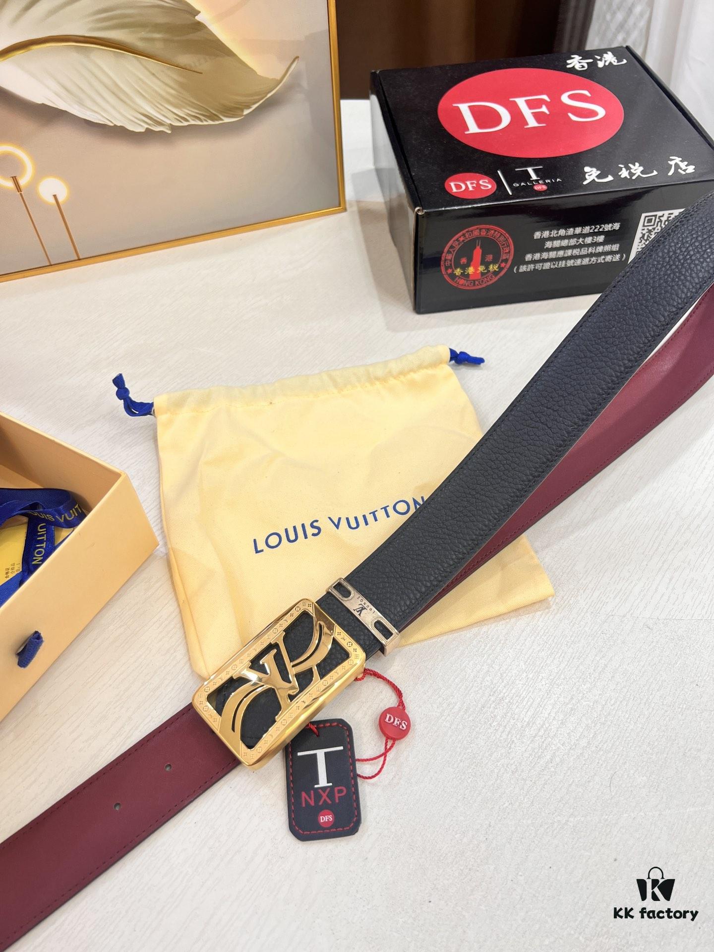 693202ee3a89a121ed550df7 Top-Tier Louis Vuitton LV Belt - Genuine First-Layer Embossed Cowhide, 3.8cm Width, Reddish Wine Color, Hong Kong Duty-Free Premium Gift Box