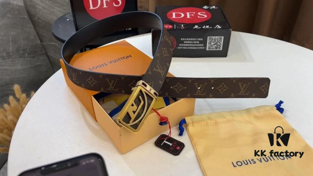 693202ee3a89a121ed550df9 New LV Monogram Leather Belt, Genuine Cowhide with Diamond-Paved Stainless Steel Hardware, Fashionable Casual Style