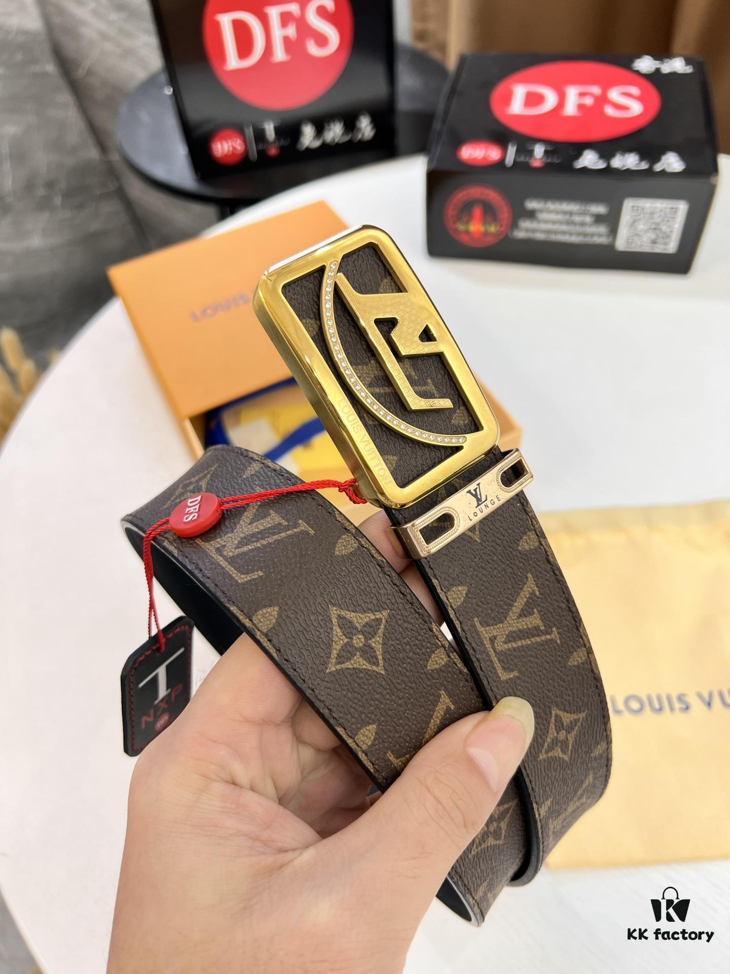 693202ef3a89a121ed550e05 LV Men's Belt, Latest Style, ZP Molded, Thickened Stainless Steel Buckle with Diamond Inlay, 4.0cm Width, Genuine Cowhide Leather