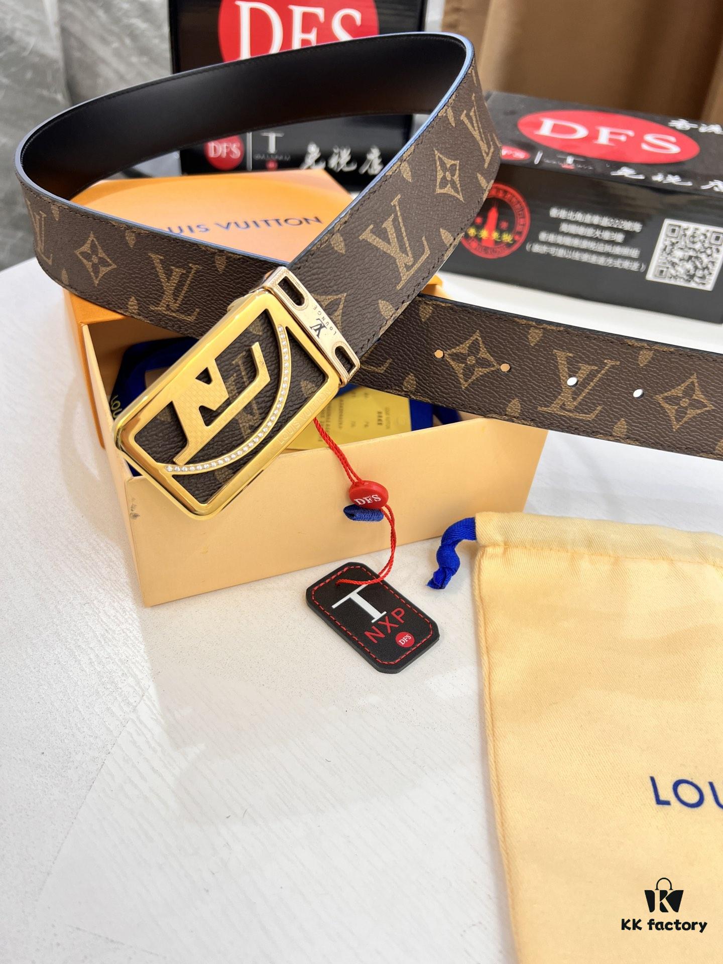 693202ef3a89a121ed550e07 LV Men's Belt, Latest Style, ZP Molded, Thickened Stainless Steel Buckle with Diamond Inlay, 4.0cm Width, Genuine Cowhide Leather