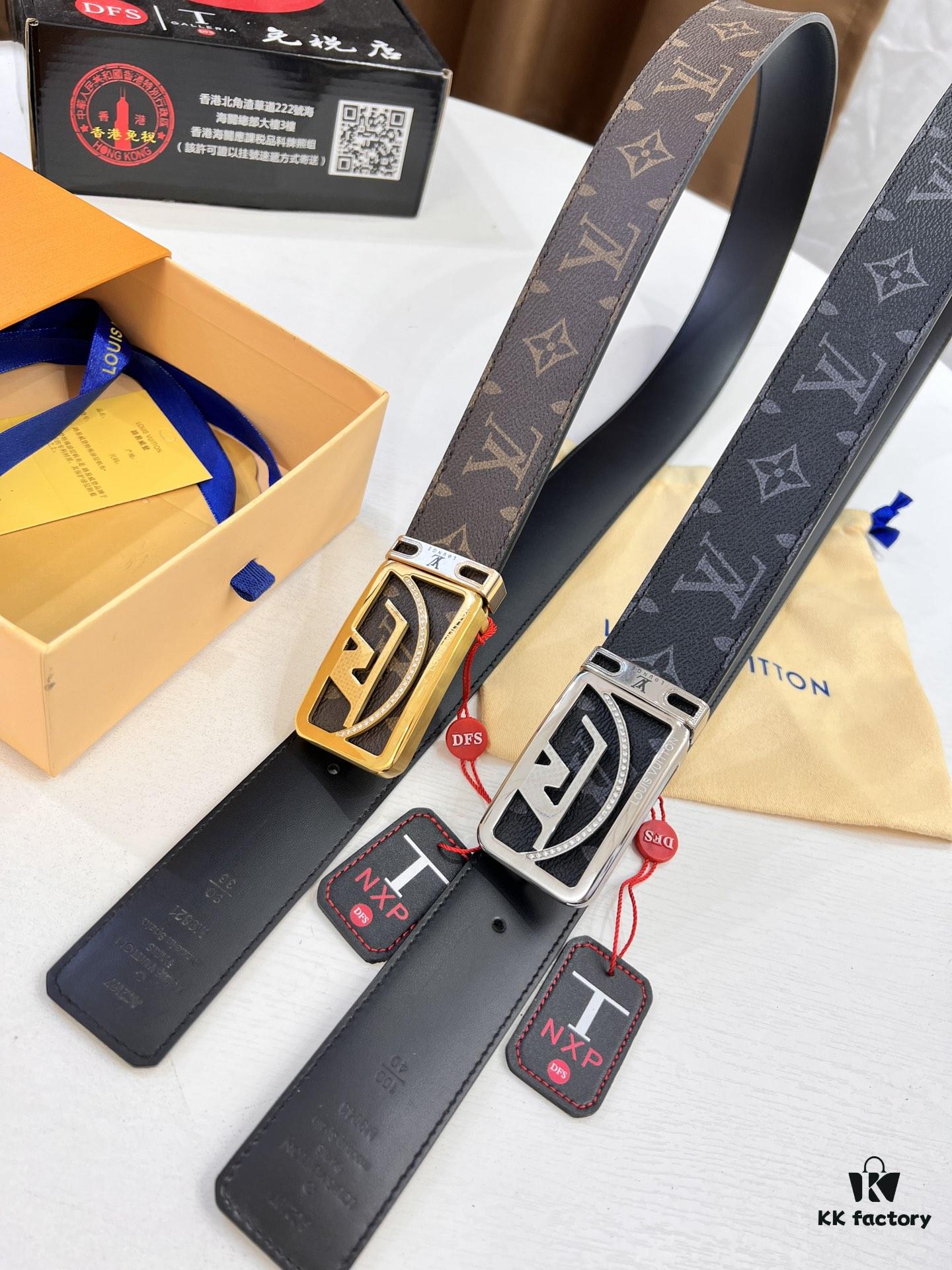 693202ef3a89a121ed550e08 LV Men's Belt, Latest Style, ZP Molded, Thickened Stainless Steel Buckle with Diamond Inlay, 4.0cm Width, Genuine Cowhide Leather